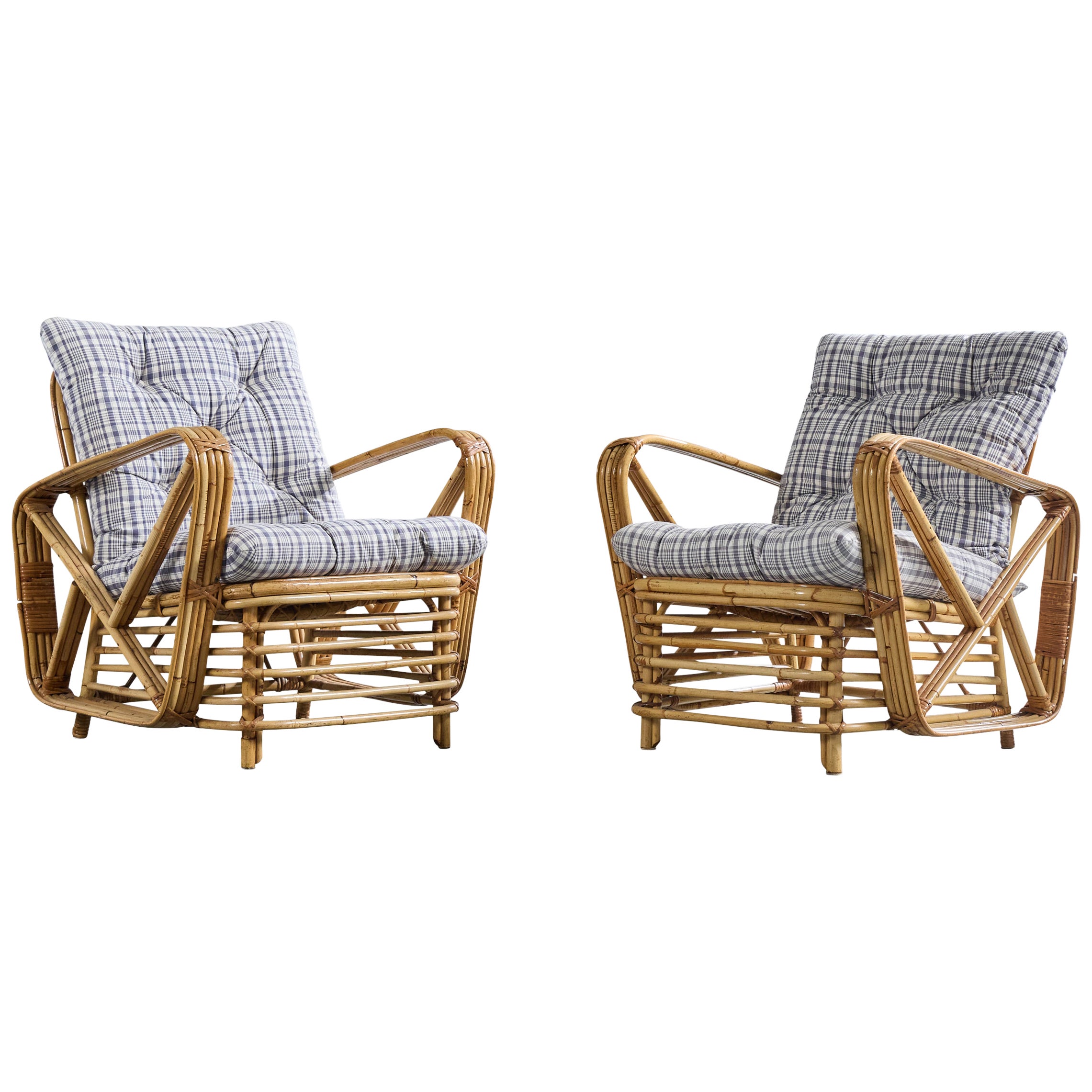 Italian Designer, Lounge Chairs, Bamboo, Rattan, Fabric, Italy, 1950s