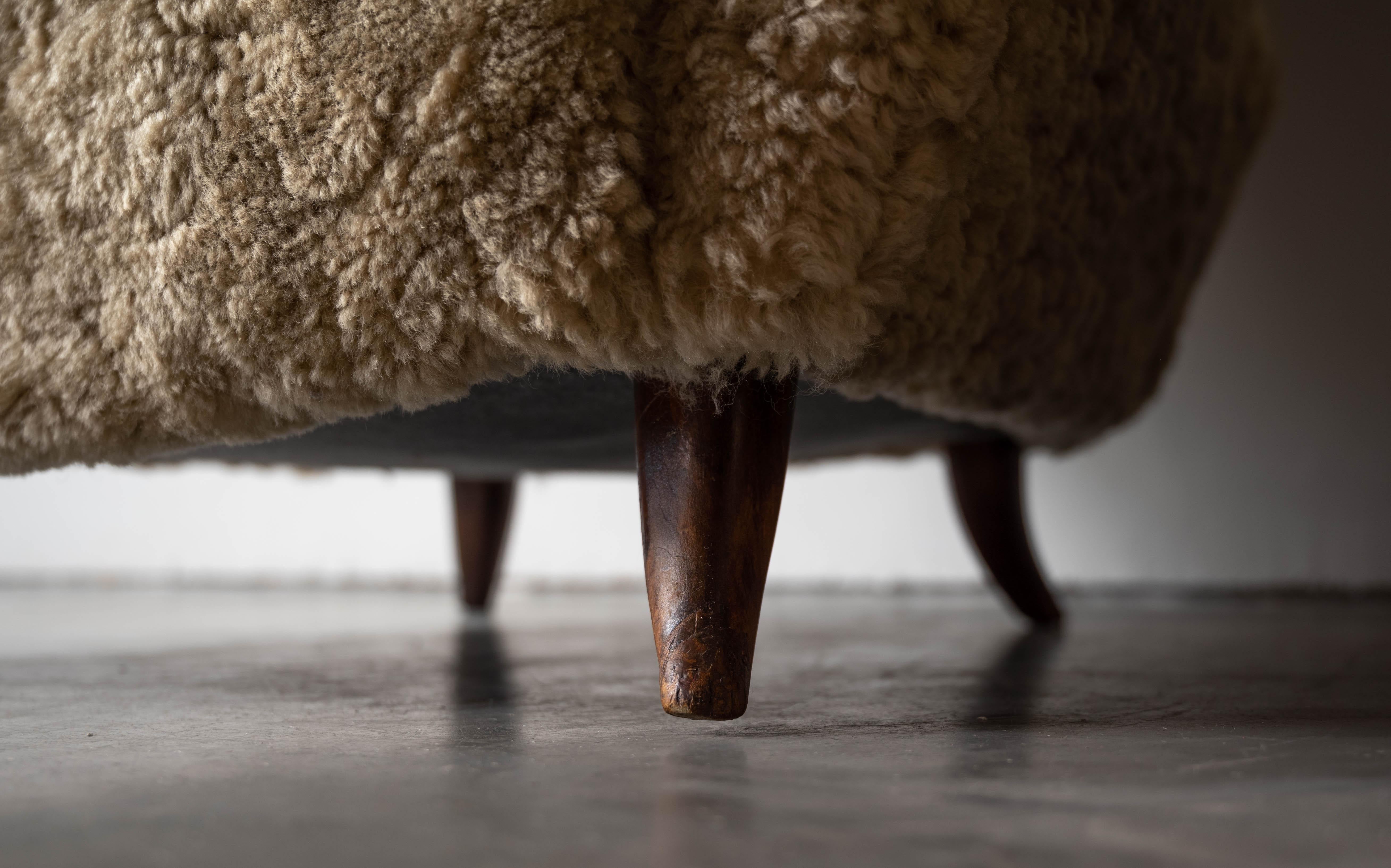 Italian Designer, Lounge Chairs, Beige Shearling, Wood, Italy, 1940s at