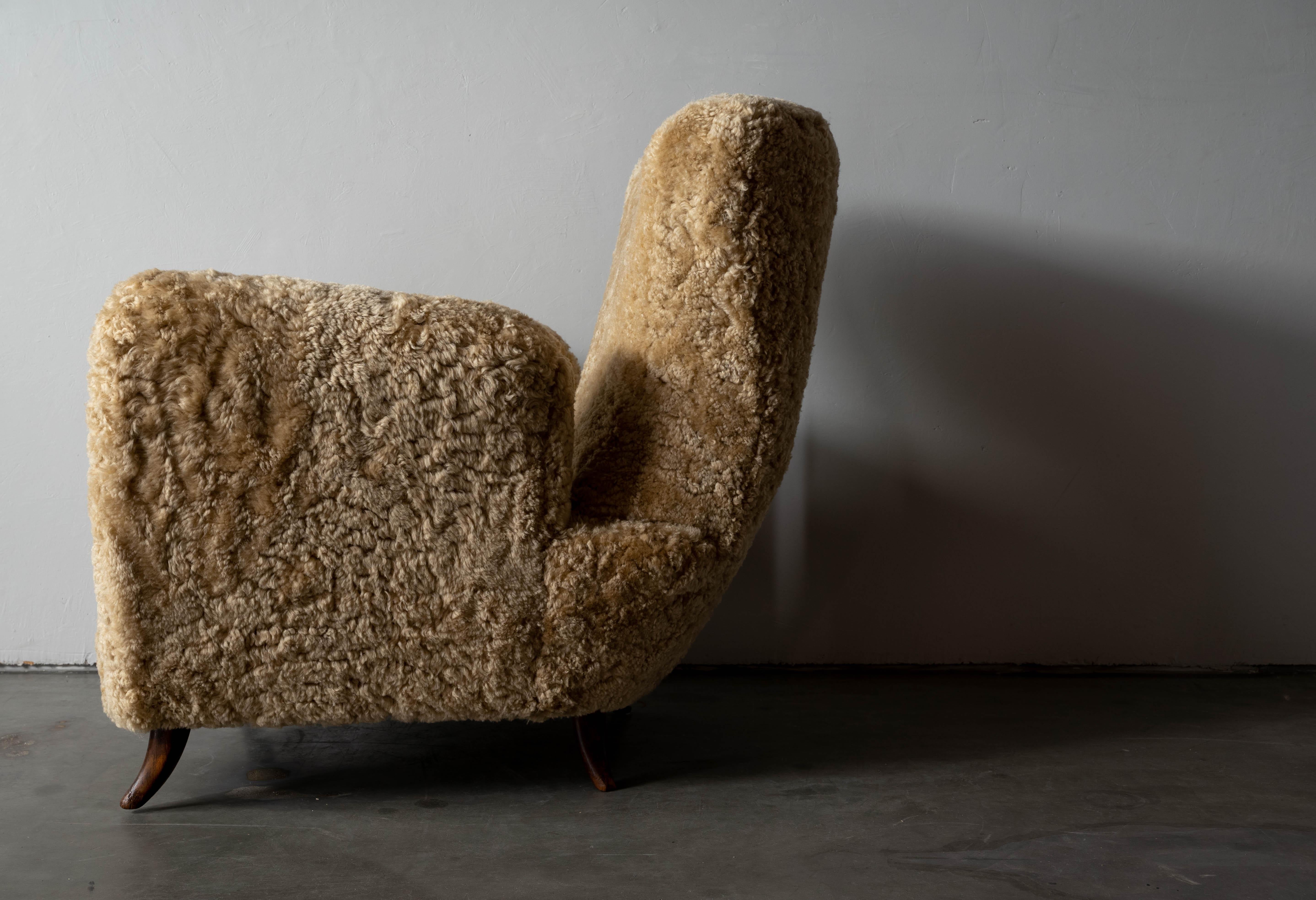 Italian Designer, Lounge Chairs, Beige Shearling, Wood, Italy, 1940s at