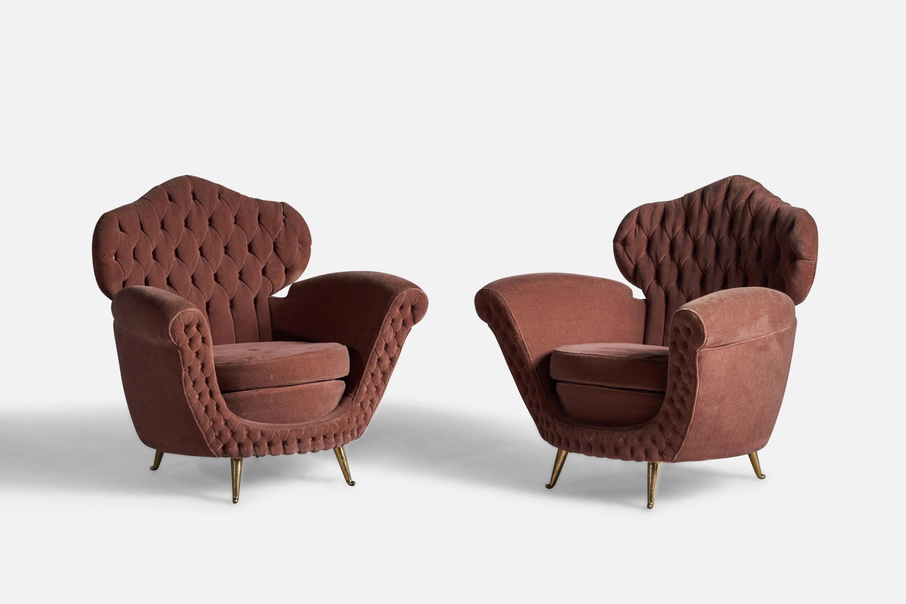 A pair of fabric and brass lounge chairs, designed and produced in Italy, c. 1940s.