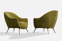 Italian Designer, Lounge Chairs, Fabric, Brass, Italy, 1950s