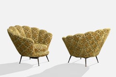 Italian Designer, Lounge Chairs, Fabric, Brass, Italy, 1950s