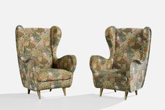 Italian Designer, Lounge Chairs, Fabric, Brass, Italy, 1950s