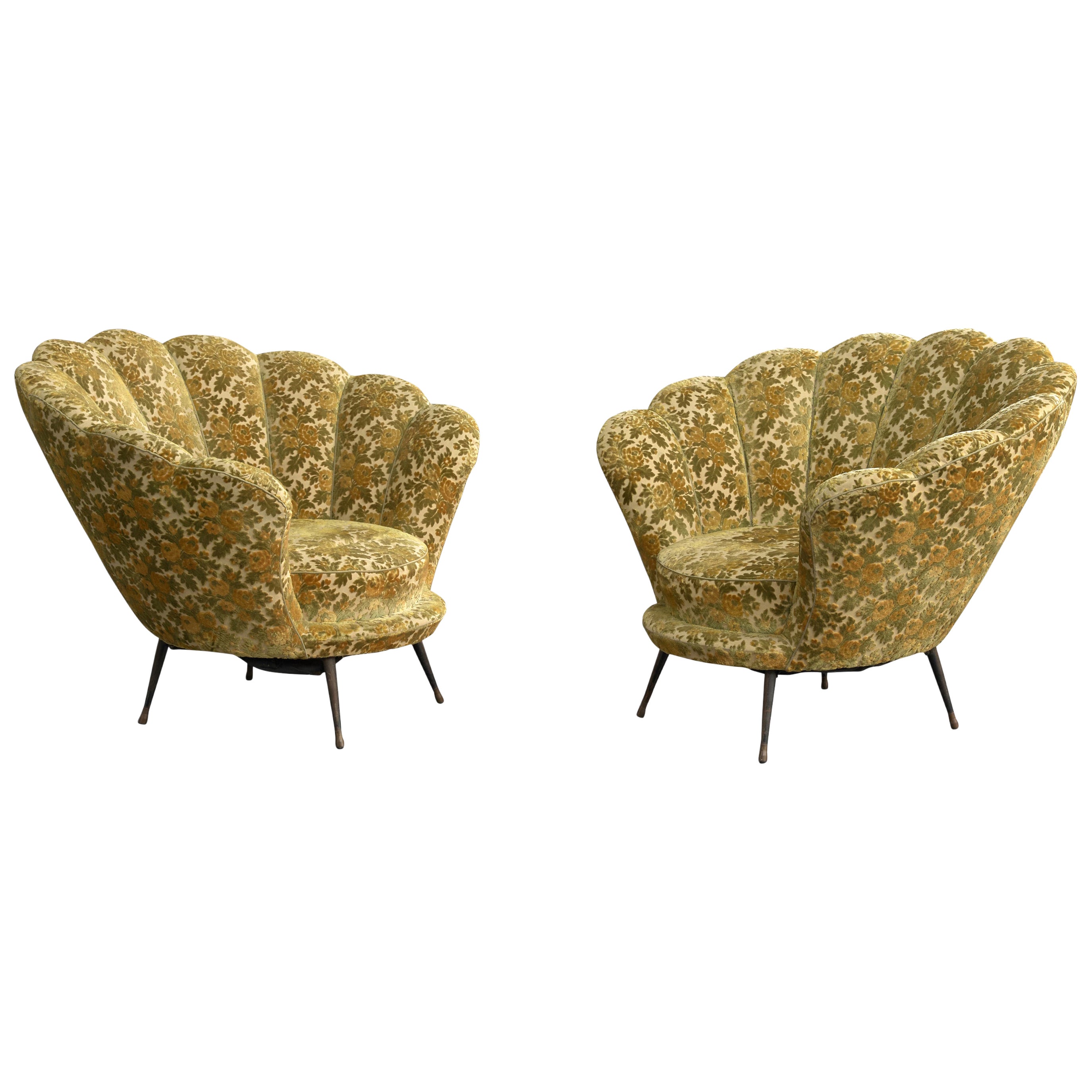 Italian Designer, Lounge Chairs, Fabric, Brass, Italy, 1950s