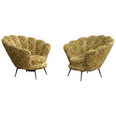 Italian Designer, Lounge Chairs, Fabric, Brass, Italy, 1950s