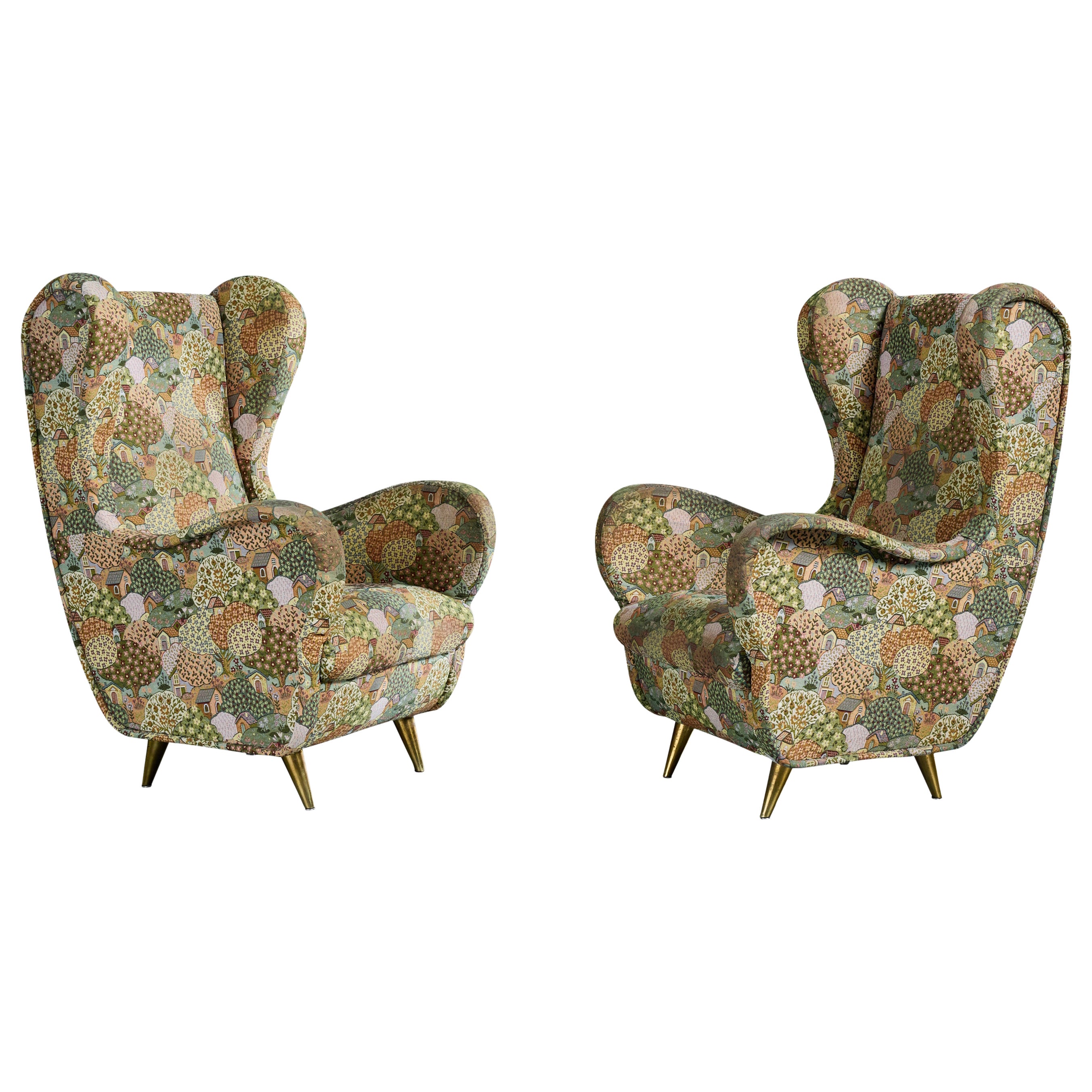 Italian Designer, Lounge Chairs, Fabric, Brass, Italy, 1950s