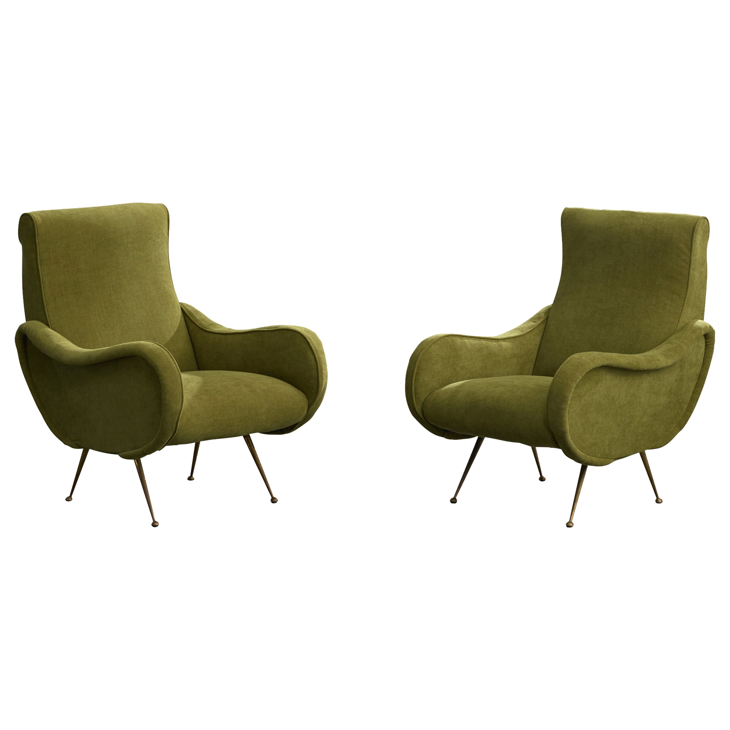 Italian Designer, Lounge Chairs, Fabric, Brass, Italy, 1960s
