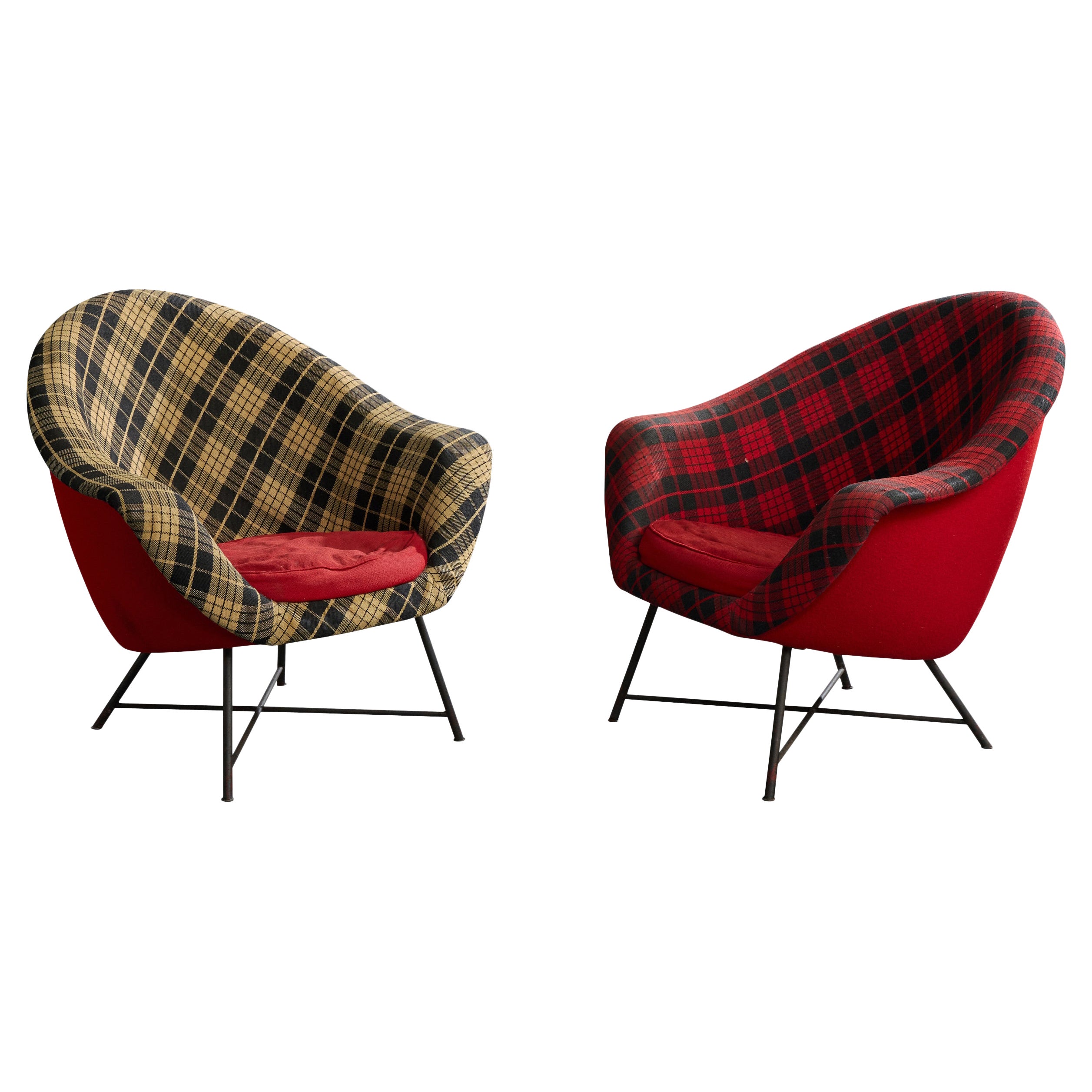 Italian Designer, Lounge Chairs, Fabric, Iron, Italy, 1950s For Sale