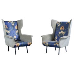 Italian Designer, Lounge Chairs, Fabric, Metal, Italy, 1950s