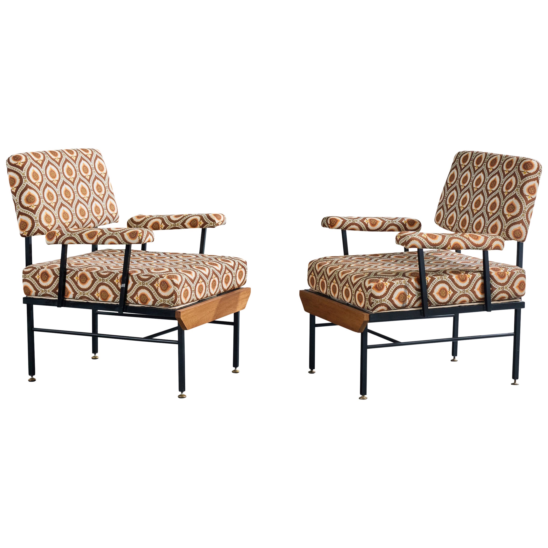 Italian Designer, Lounge Chairs, Fabric, Metal, Wood, Italy, 1960s