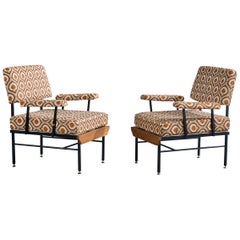 Italian Designer, Lounge Chairs, Fabric, Metal, Wood, Italy, 1960s