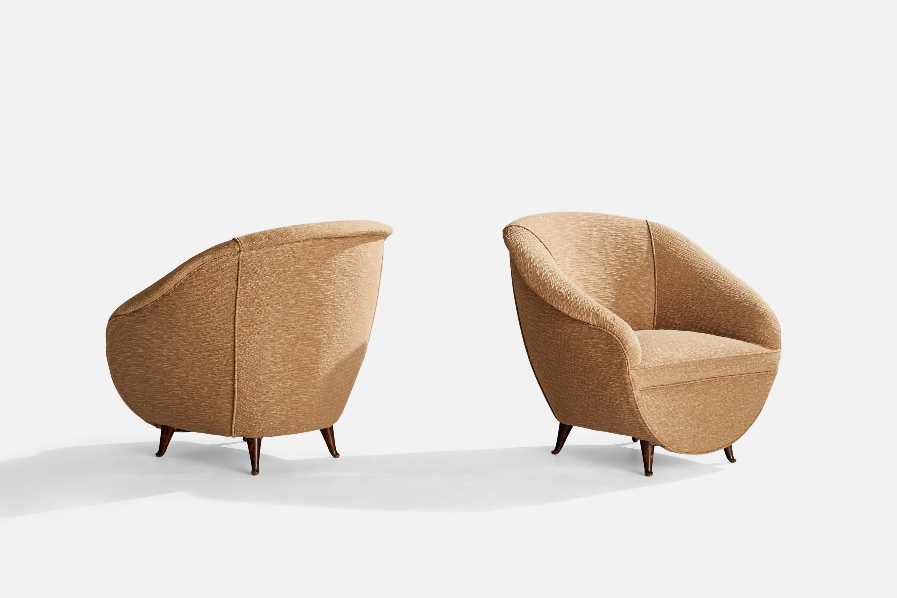 Mid-Century Modern Italian Designer, Lounge Chairs, Fabric, Walnut, Italy, 1940s For Sale