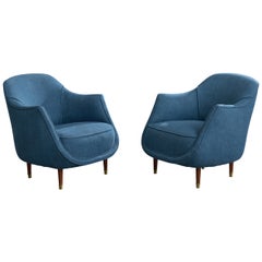 Italian Designer, Lounge Chairs, Fabric, Wood, Brass, Italy, 1950s
