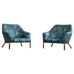 Italian Designer, Lounge Chairs, Fabric, Wood, Brass, Italy, 1960s