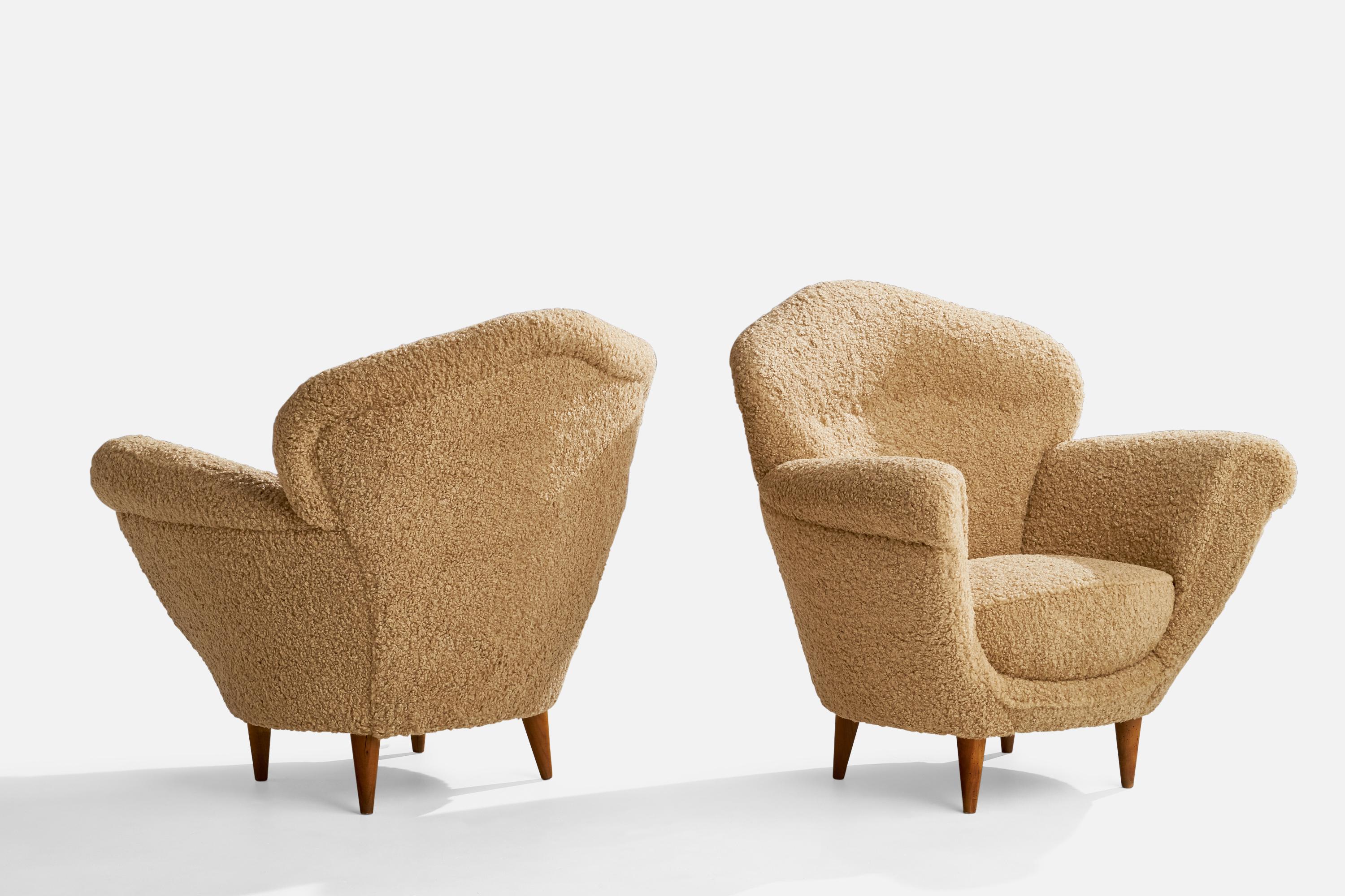 Mid-20th Century Italian Designer, Lounge Chairs, Fabric, Wood, Italy, 1940s