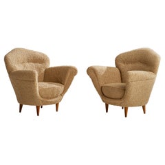 Italian Designer, Lounge Chairs, Fabric, Wood, Italy, 1940s