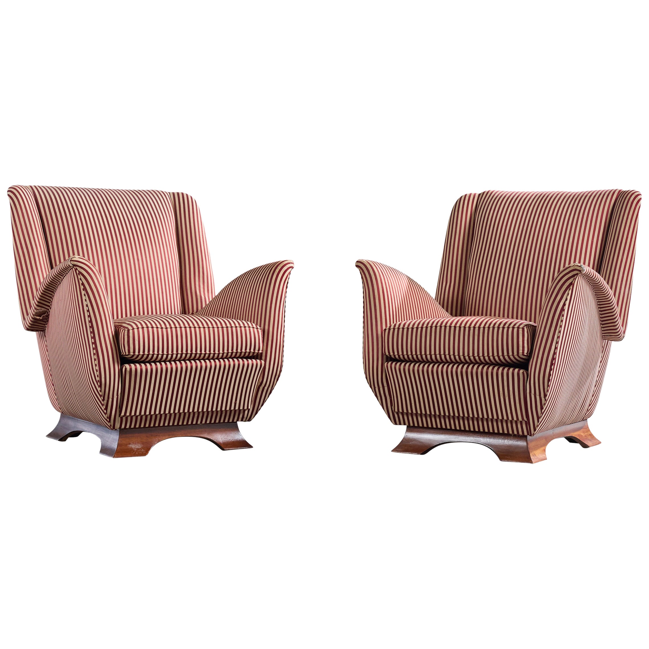 Italian Designer, Lounge Chairs, Fabric, Wood, Italy, 1940s