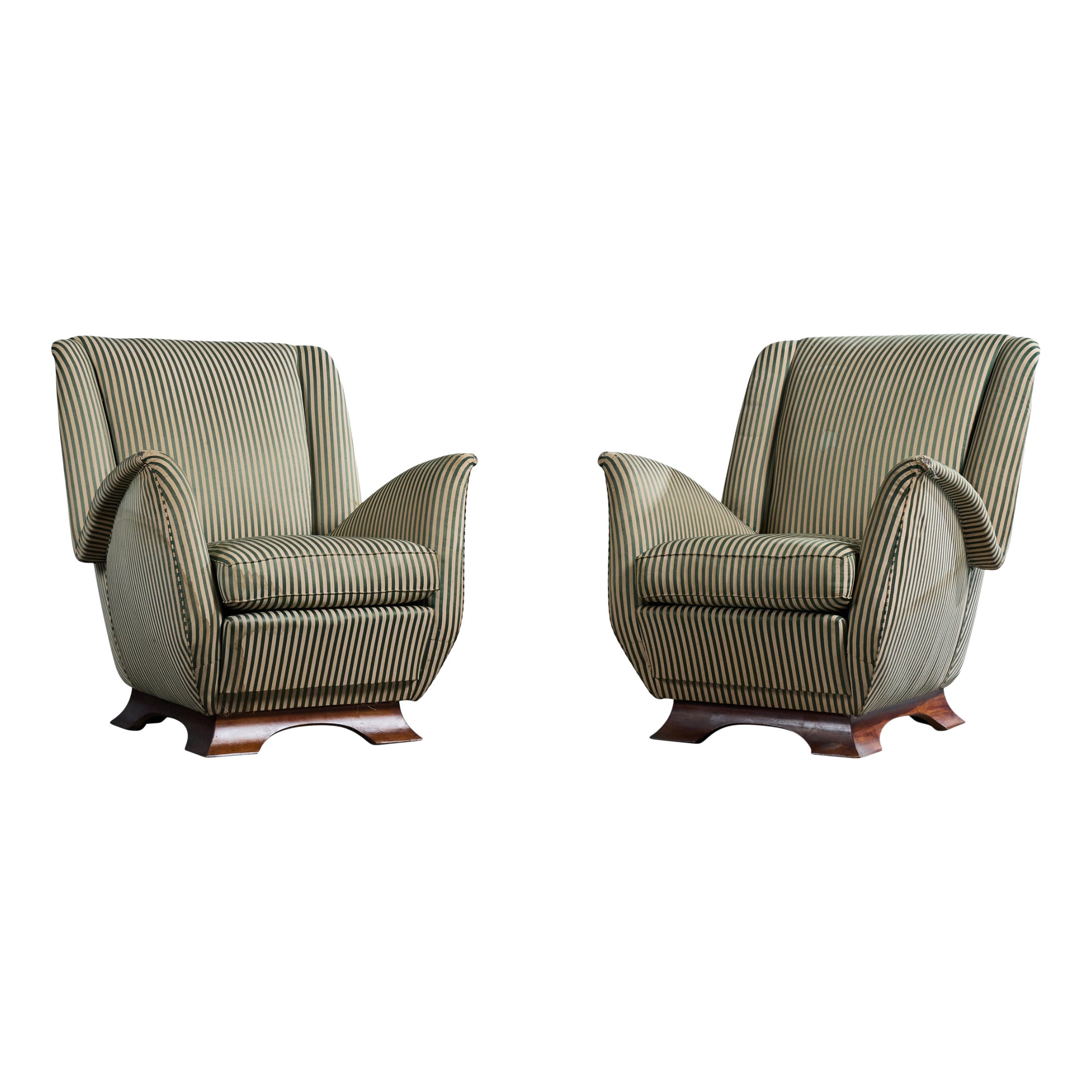 Italian Designer, Lounge Chairs, Fabric, Wood, Italy, 1940s