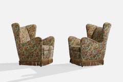 Italian Designer, Lounge Chairs, Fabric, Wood, Italy, 1950s