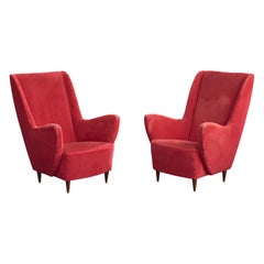 Italian Designer, Lounge Chairs, Fabric, Wood, Italy, 1950s