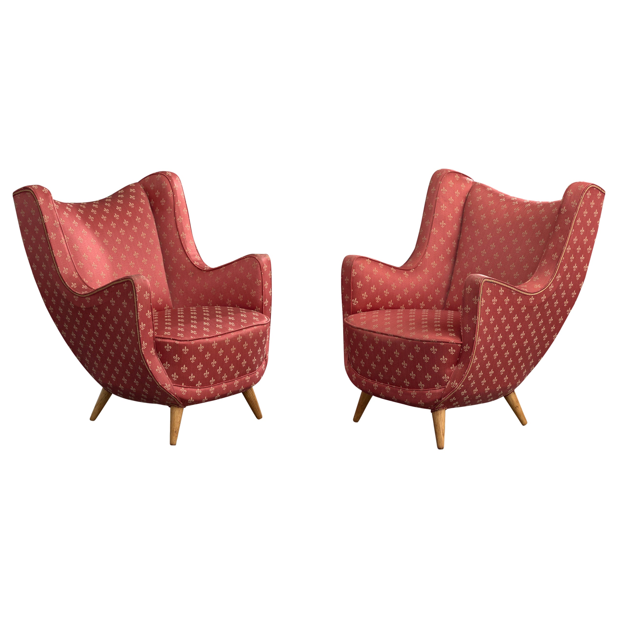 Italian Designer, Lounge Chairs, Fabric, Wood, Italy, 1950s