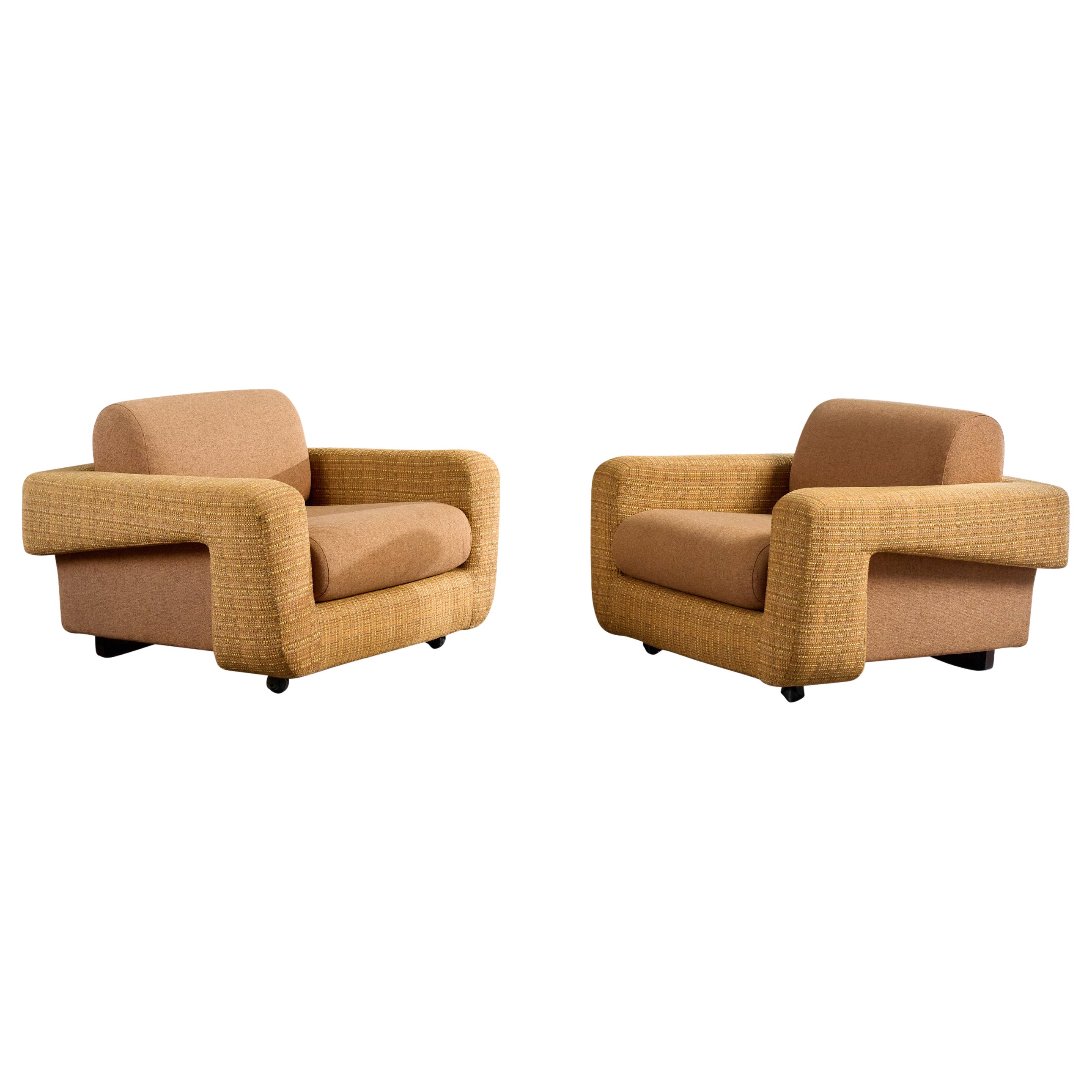 Italian Designer, Lounge Chairs, Fabric, Wood, Italy, 1970s For Sale