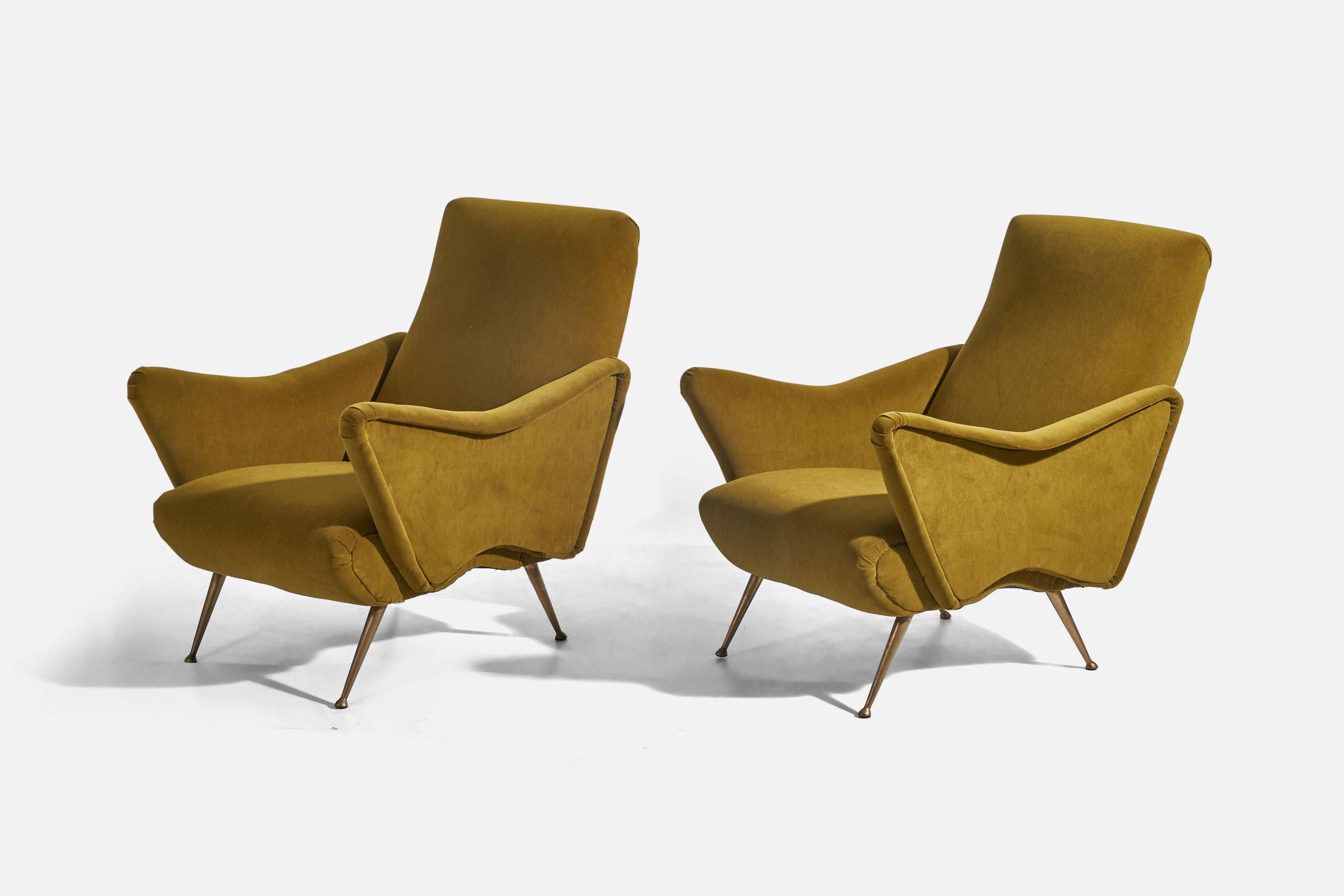 Mid-Century Modern Italian Designer, Lounge Chairs, Green Velvet, Brass, Italy, 1950s For Sale