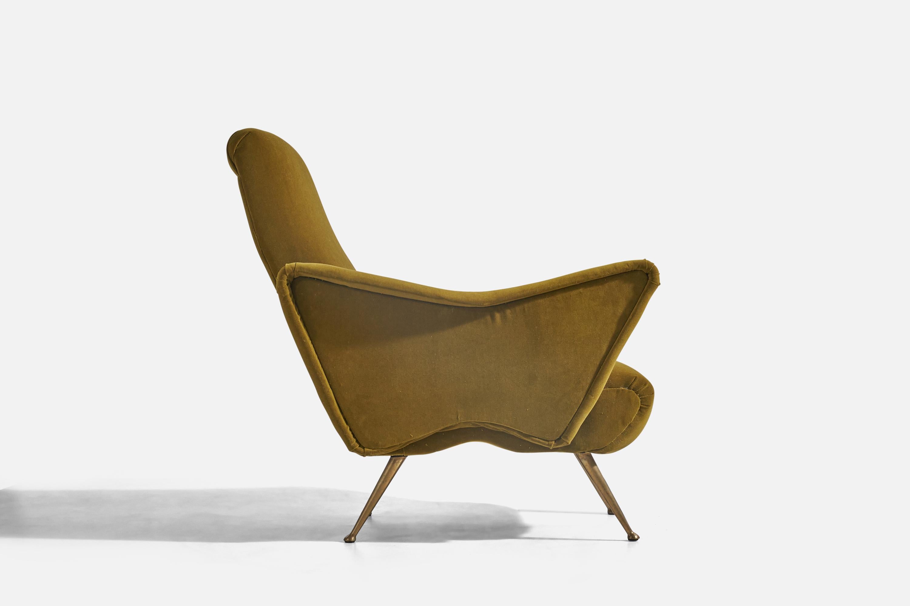 Italian Designer, Lounge Chairs, Green Velvet, Brass, Italy, 1950s For Sale 1