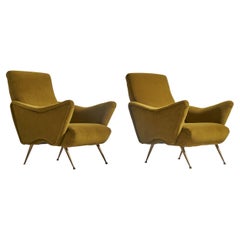 Used Italian Designer, Lounge Chairs, Green Velvet, Brass, Italy, 1950s