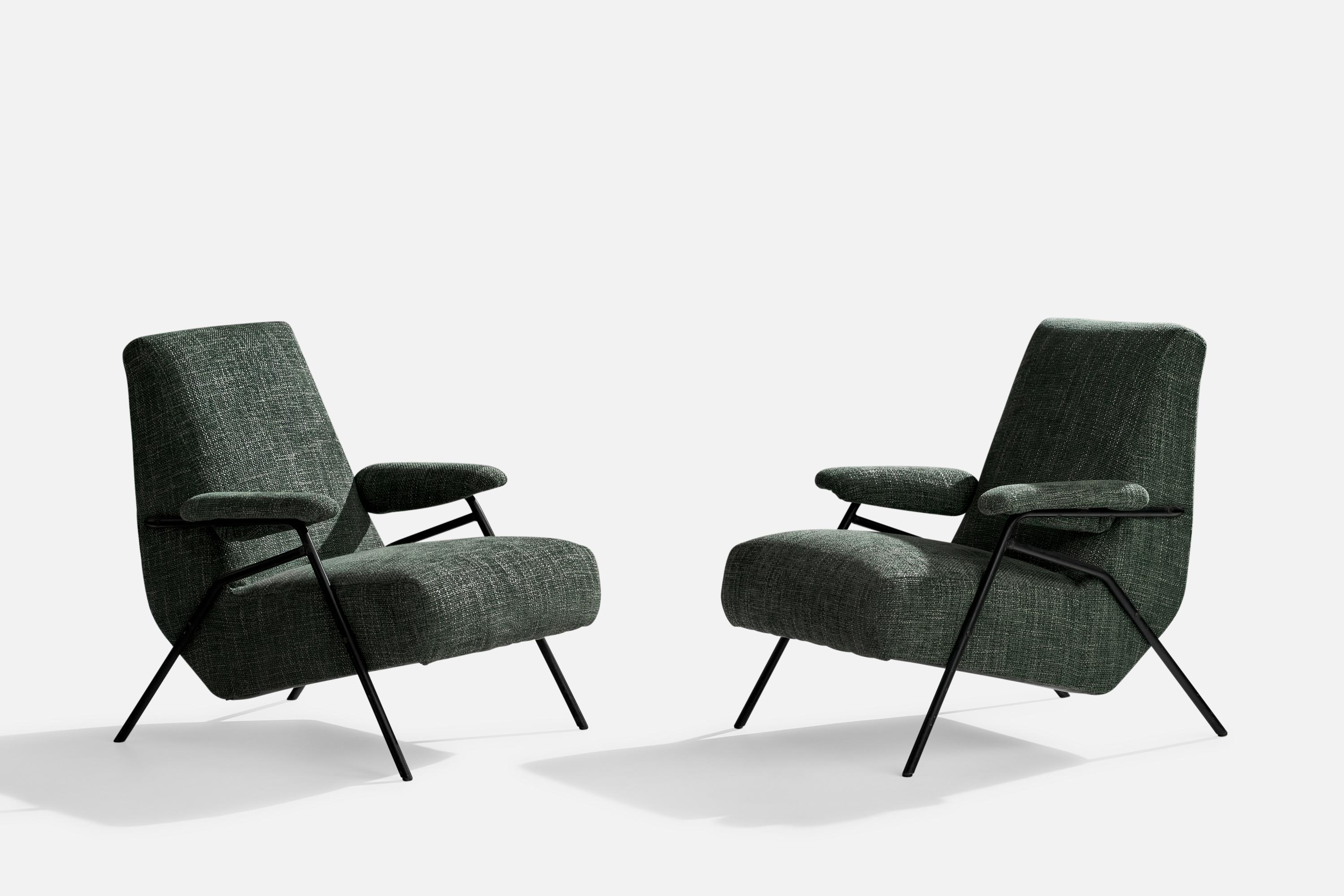 A pair of black-painted iron and green fabric lounge chairs designed and produced in Italy, 1950s.

Seat height 14.97”

