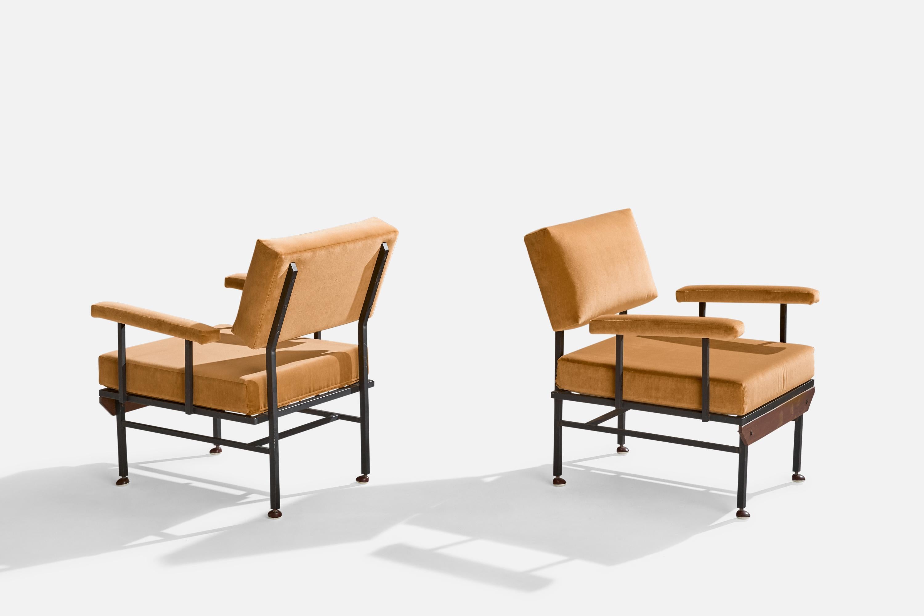 Mid-Century Modern Italian Designer, Lounge Chairs, Iron, Teak, Velvet, Italy, 1950s For Sale