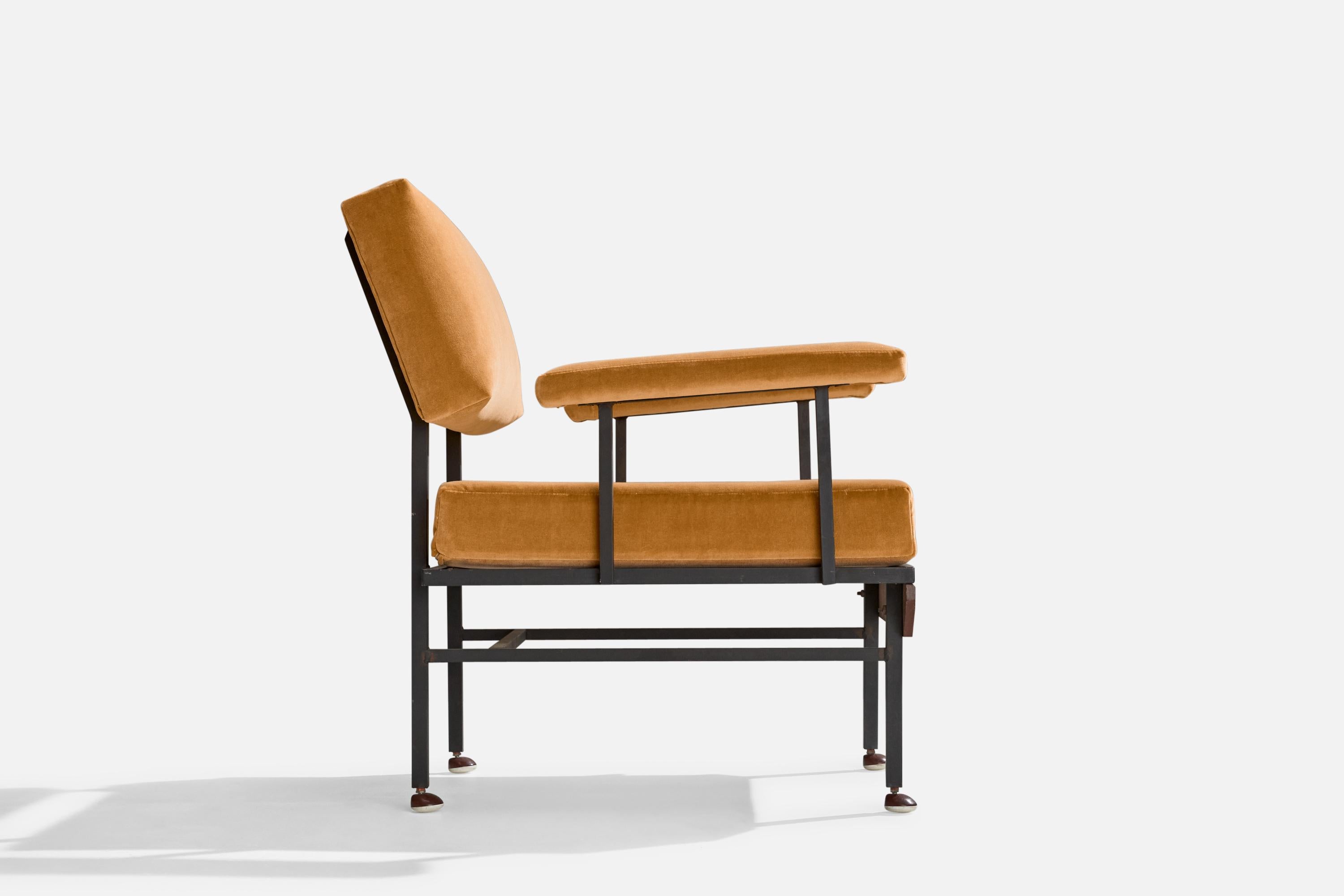 Mid-20th Century Italian Designer, Lounge Chairs, Iron, Teak, Velvet, Italy, 1950s For Sale