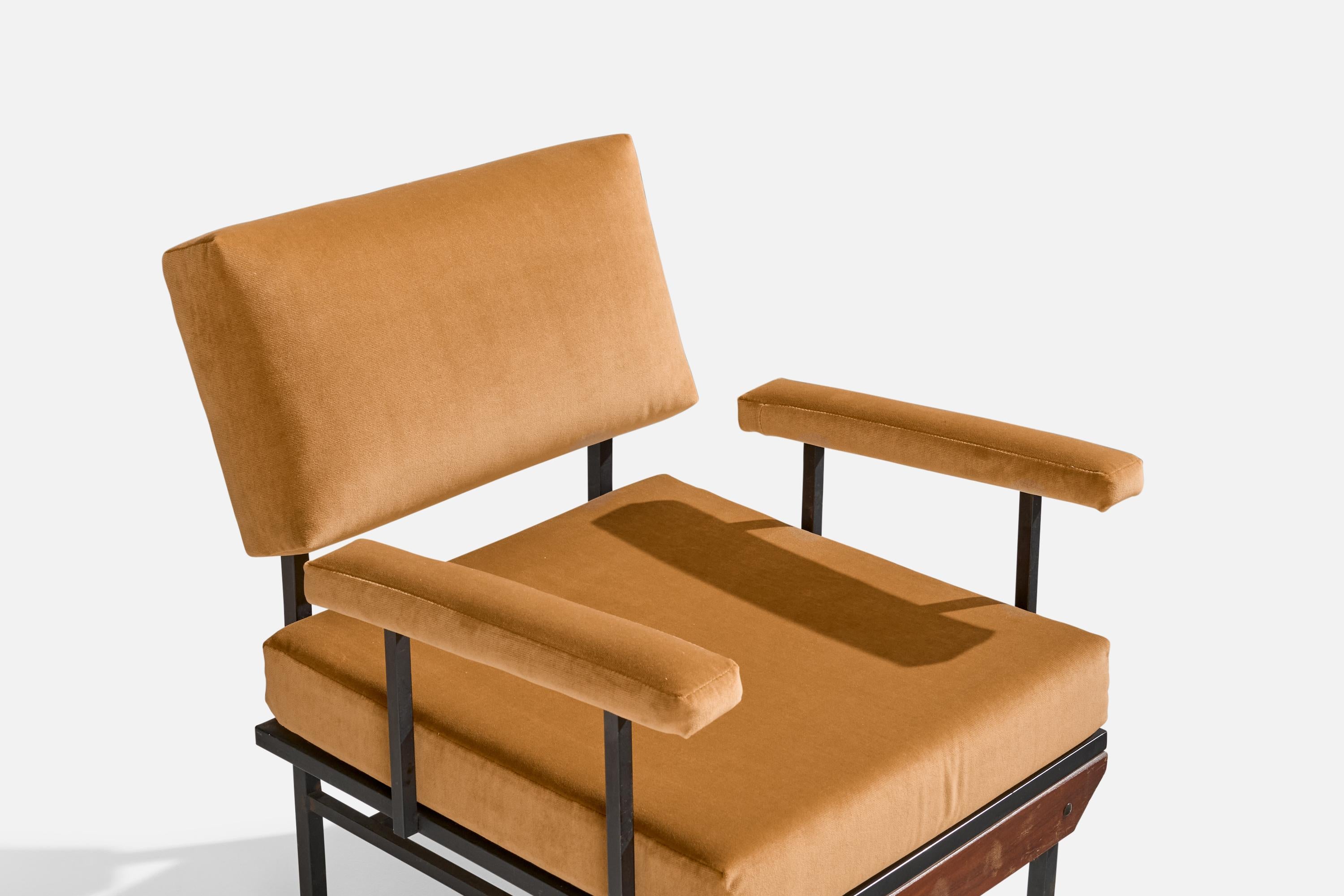 Italian Designer, Lounge Chairs, Iron, Teak, Velvet, Italy, 1950s For Sale 2