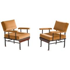 Italian Designer, Lounge Chairs, Iron, Teak, Velvet, Italy, 1950s