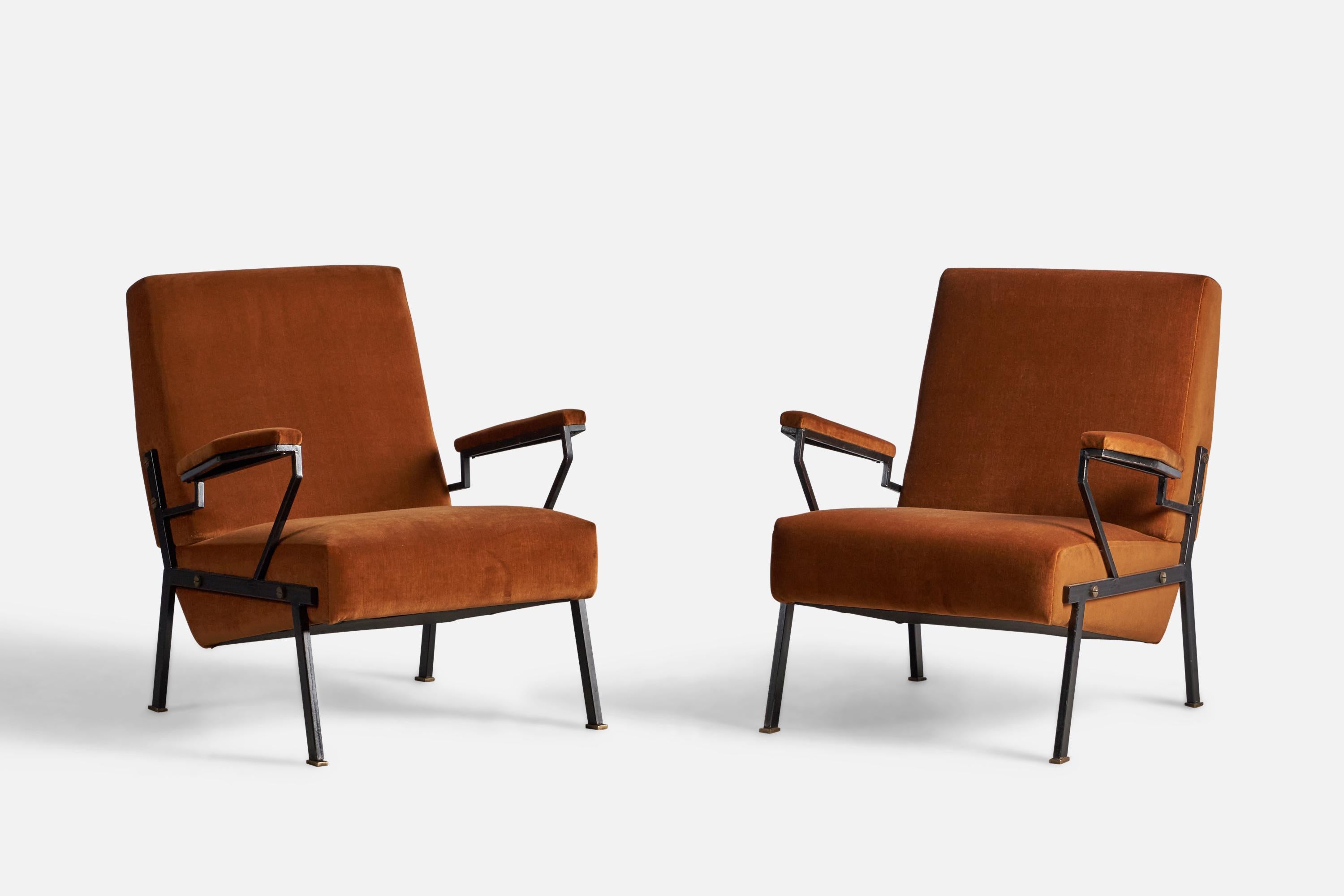 A pair of black-painted iron and orange brown velvet lounge chairs, designed and produced in Italy, 1940s.

15