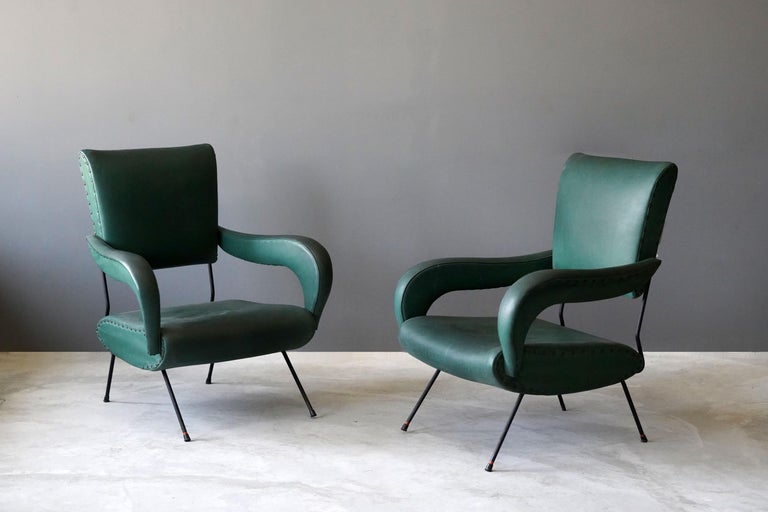 Italian Designer, Lounge Chairs, Lacquered Metal, Green-Dyed Vinyl, Italy,  1950s For Sale at 1stDibs