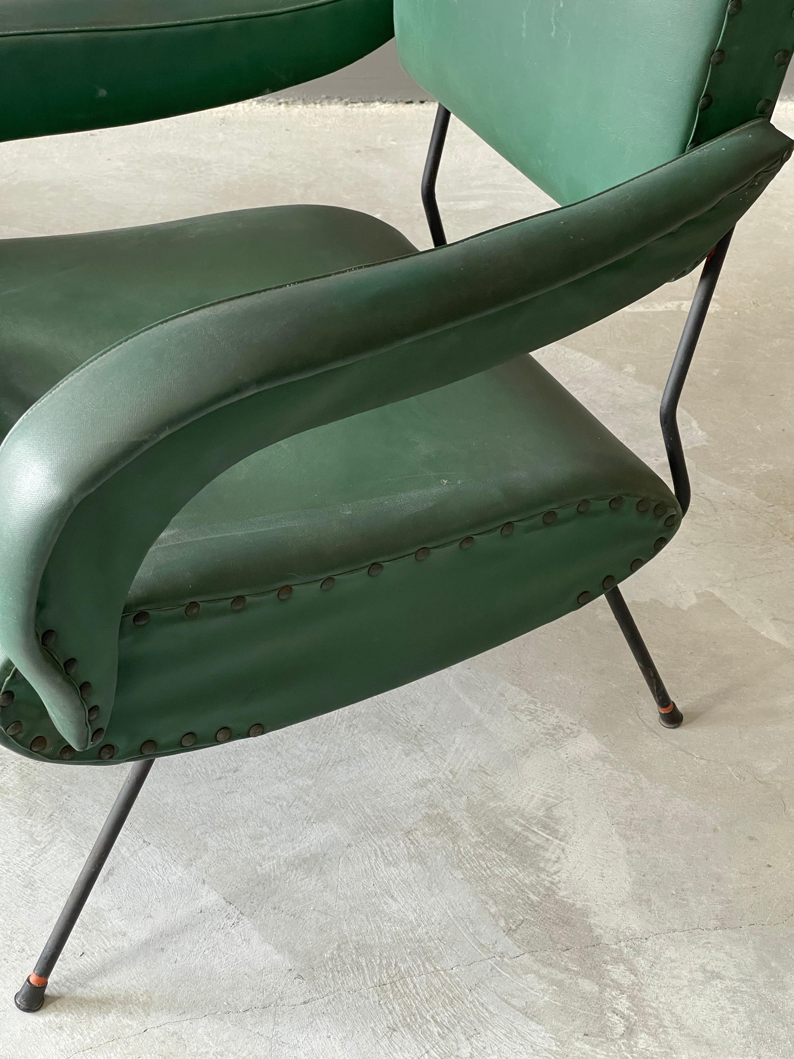 Mid-Century Modern Italian Designer, Lounge Chairs, Lacquered Metal, Green-Dyed Vinyl, Italy, 1950s For Sale