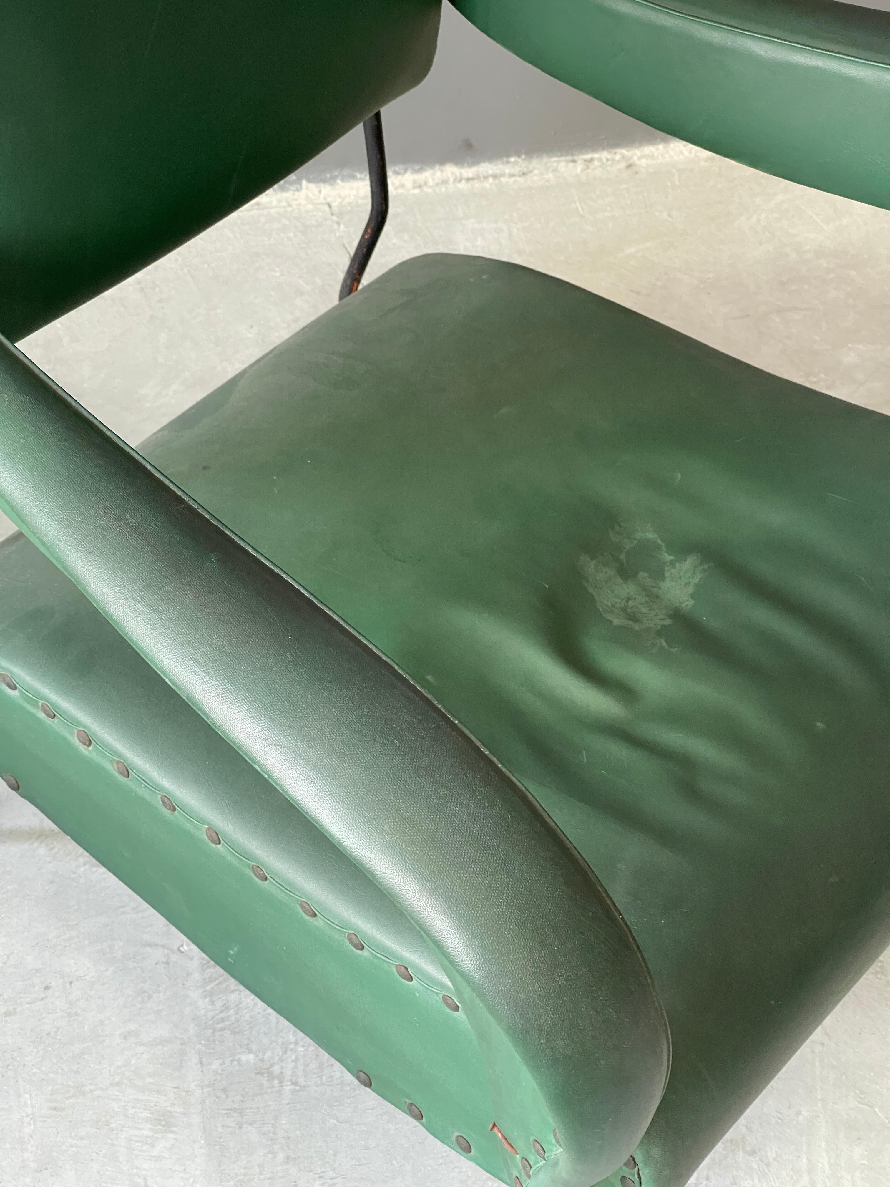 Italian Designer, Lounge Chairs, Lacquered Metal, Green-Dyed Vinyl, Italy, 1950s In Fair Condition For Sale In High Point, NC