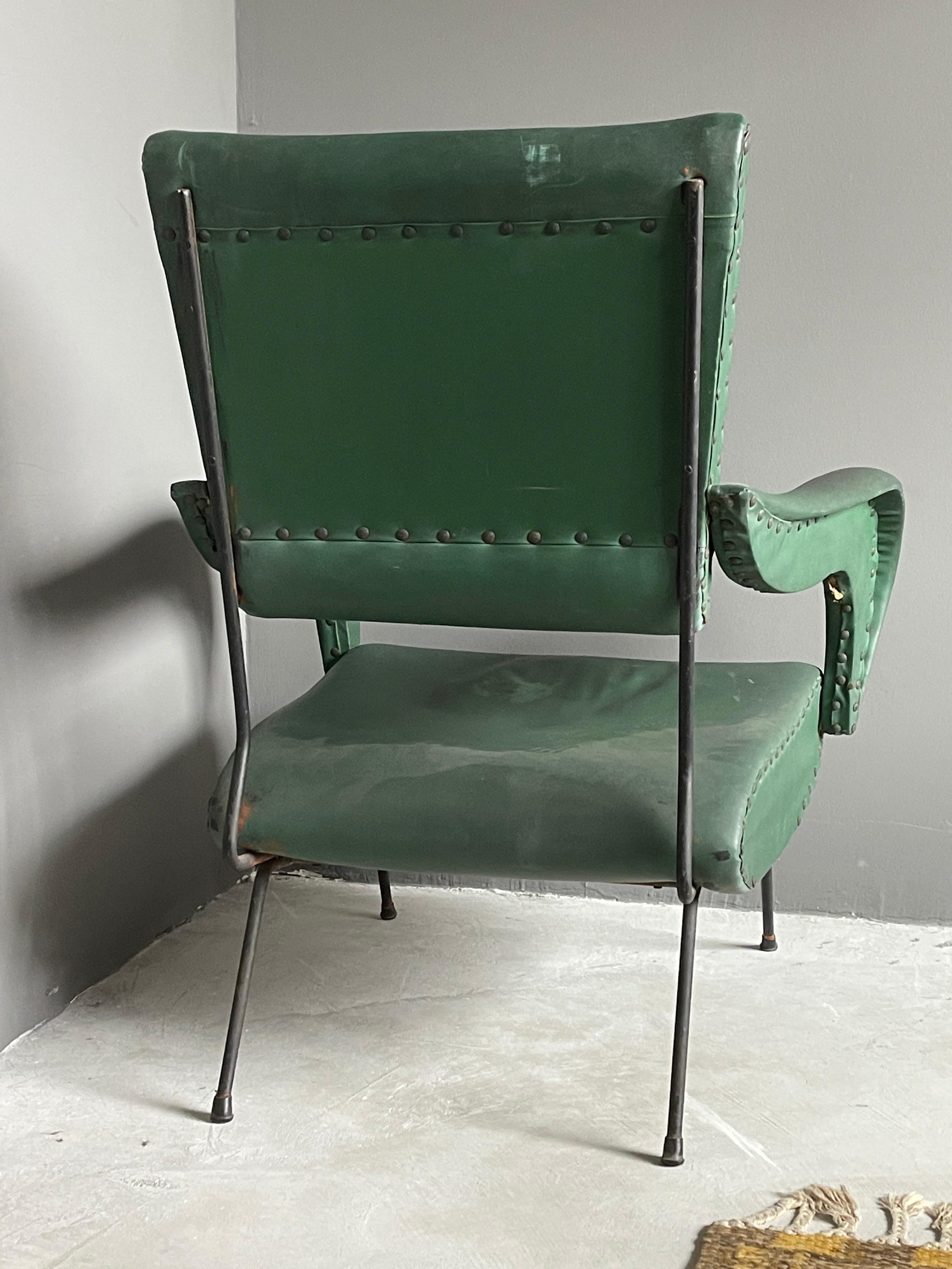 Italian Designer, Lounge Chairs, Lacquered Metal, Green-Dyed Vinyl, Italy, 1950s For Sale 1