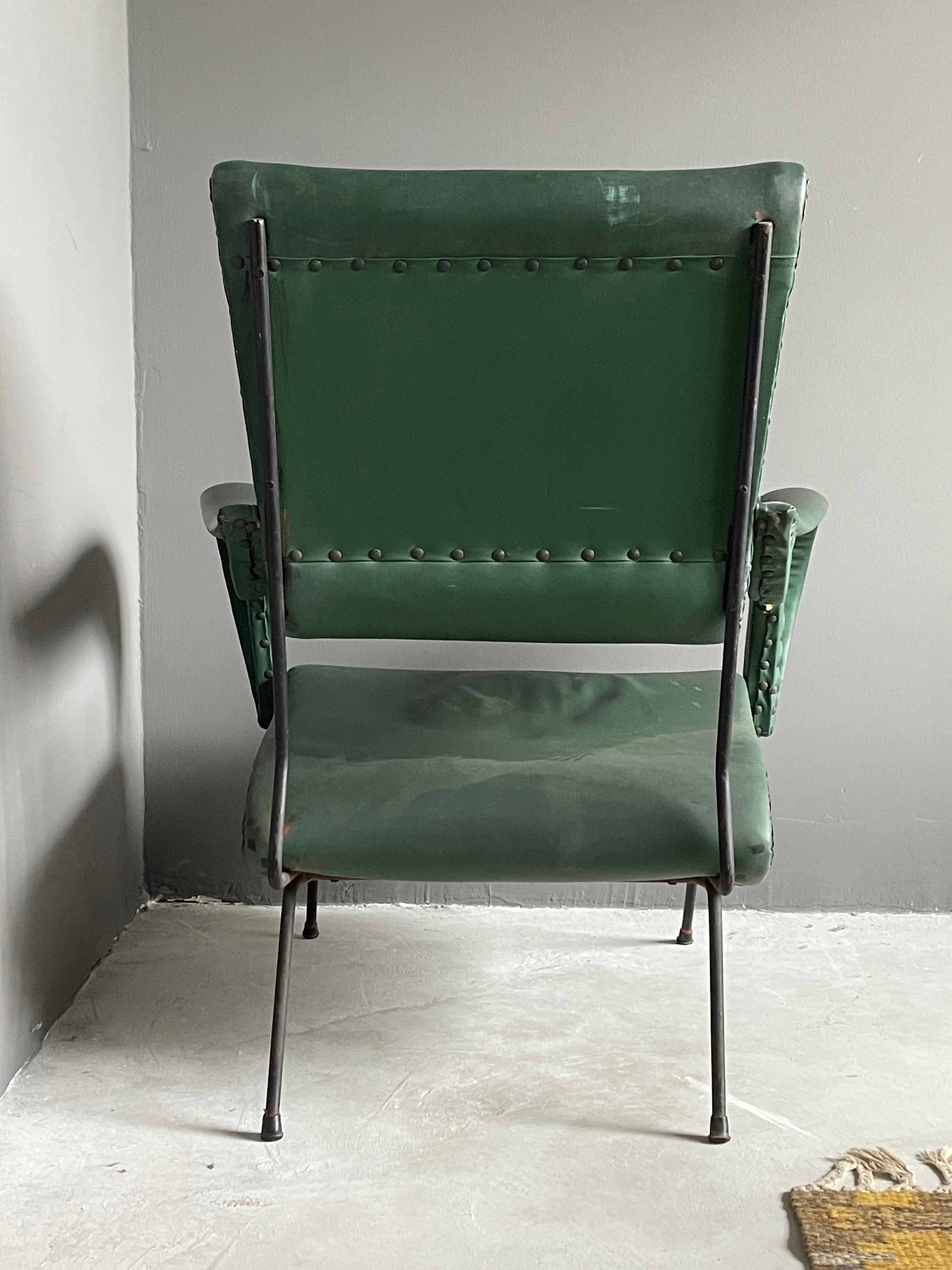Italian Designer, Lounge Chairs, Lacquered Metal, Green-Dyed Vinyl, Italy, 1950s For Sale 3