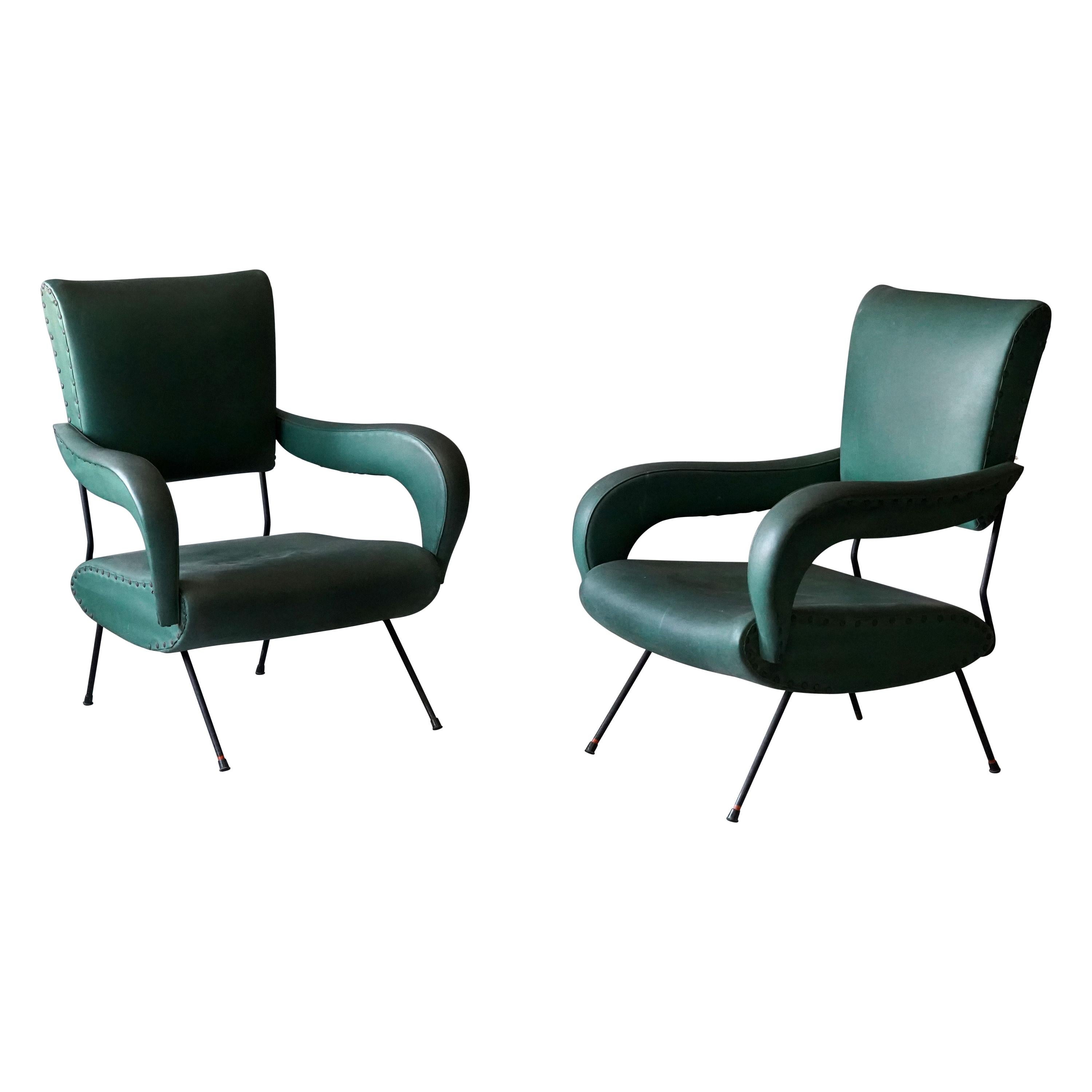 Italian Designer, Lounge Chairs, Lacquered Metal, Green-Dyed Vinyl, Italy, 1950s For Sale