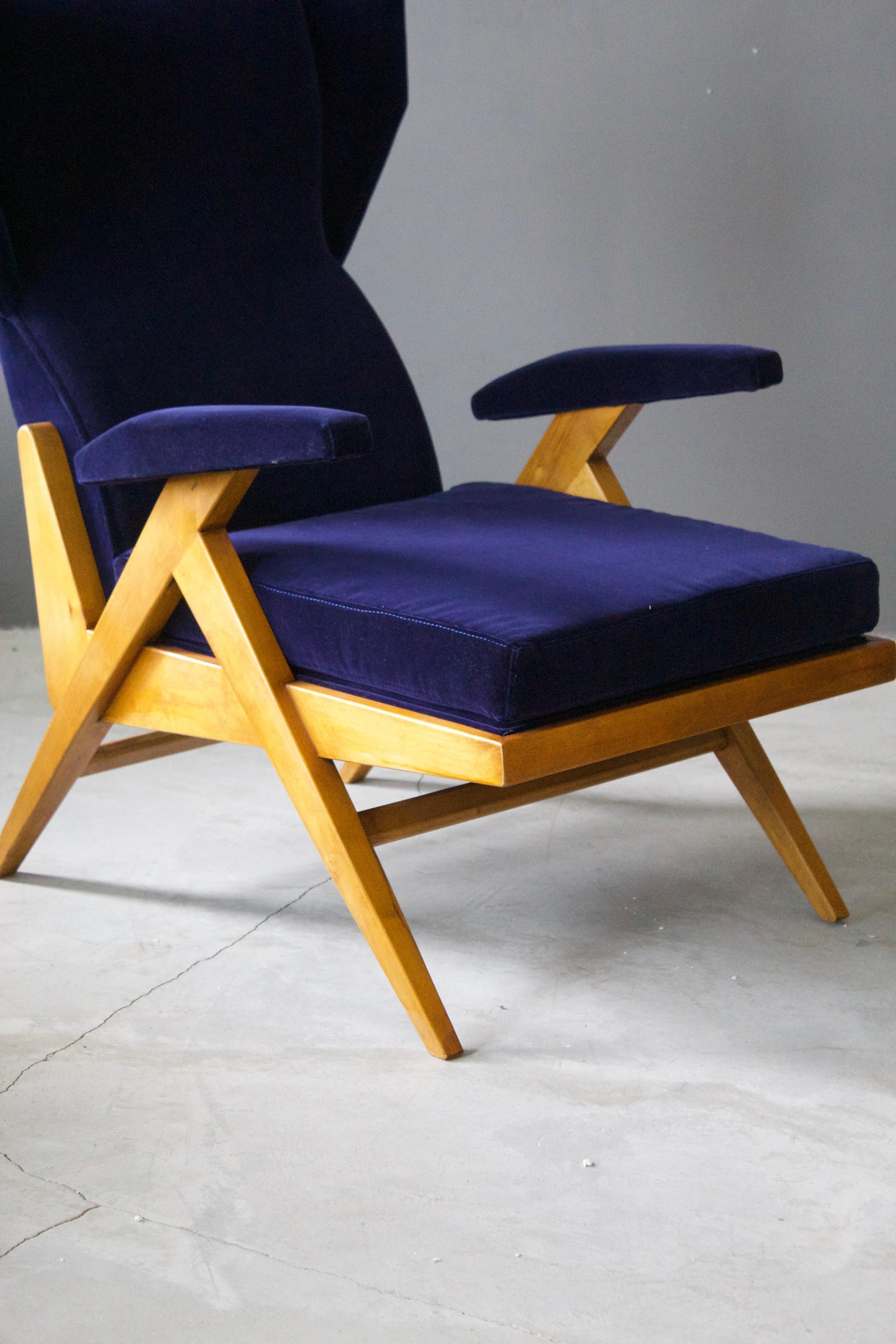 Italian Renzo Franchi, Lounge Chairs, Light wood, Blue Velvet, Italy, 1950s For Sale