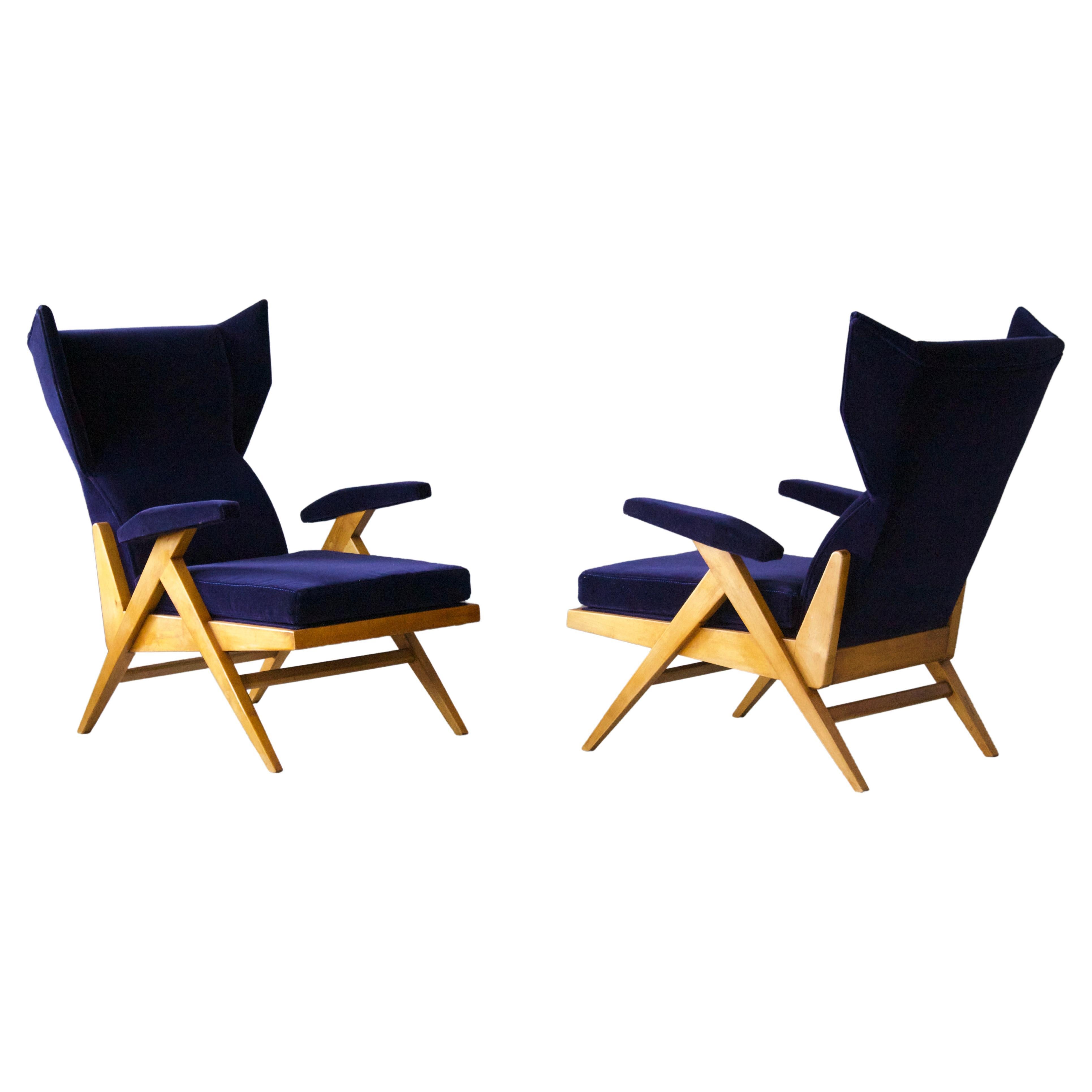 Renzo Franchi, Lounge Chairs, Light wood, Blue Velvet, Italy, 1950s