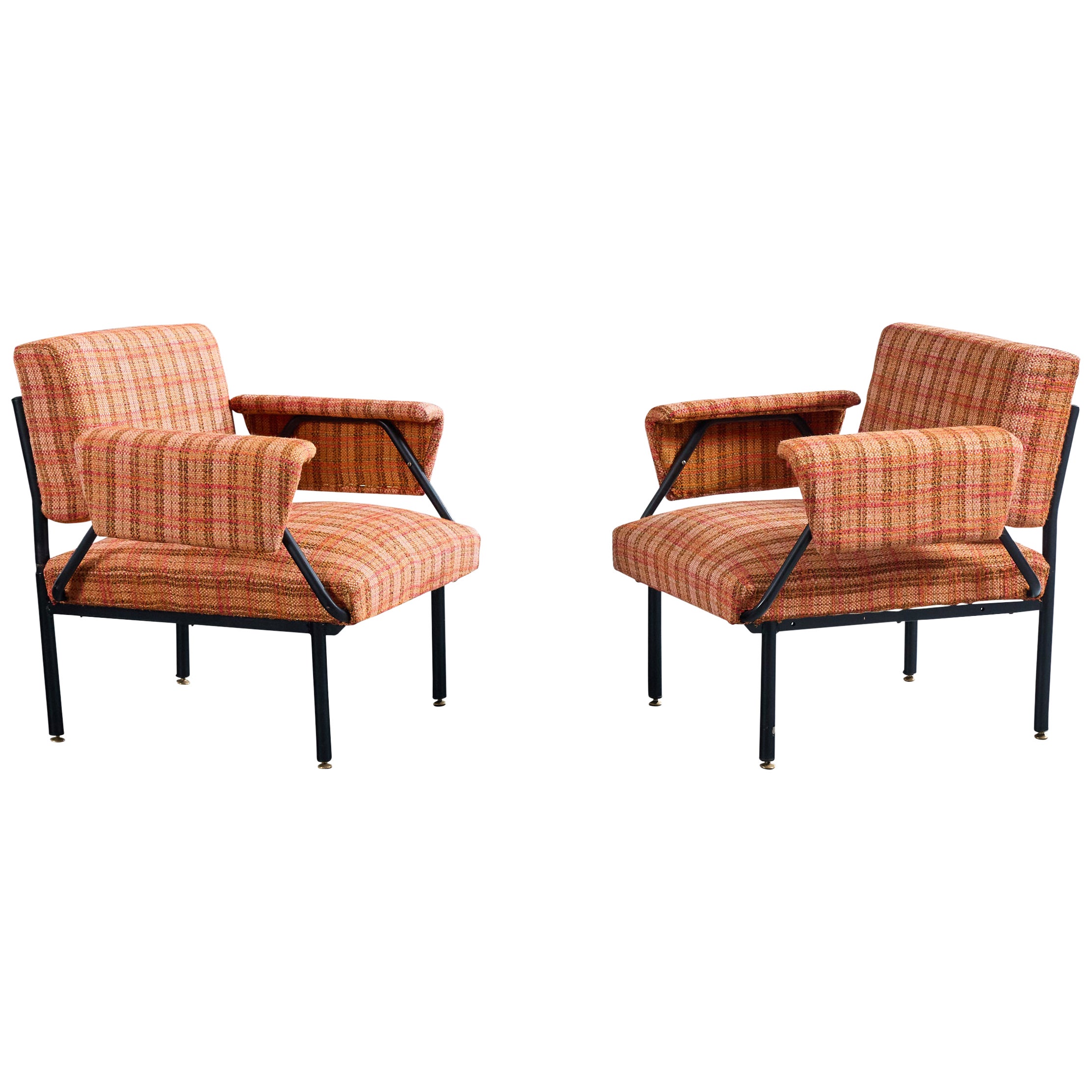 Italian Designer, Lounge Chairs, Metal, Fabric, Italy, 1960s