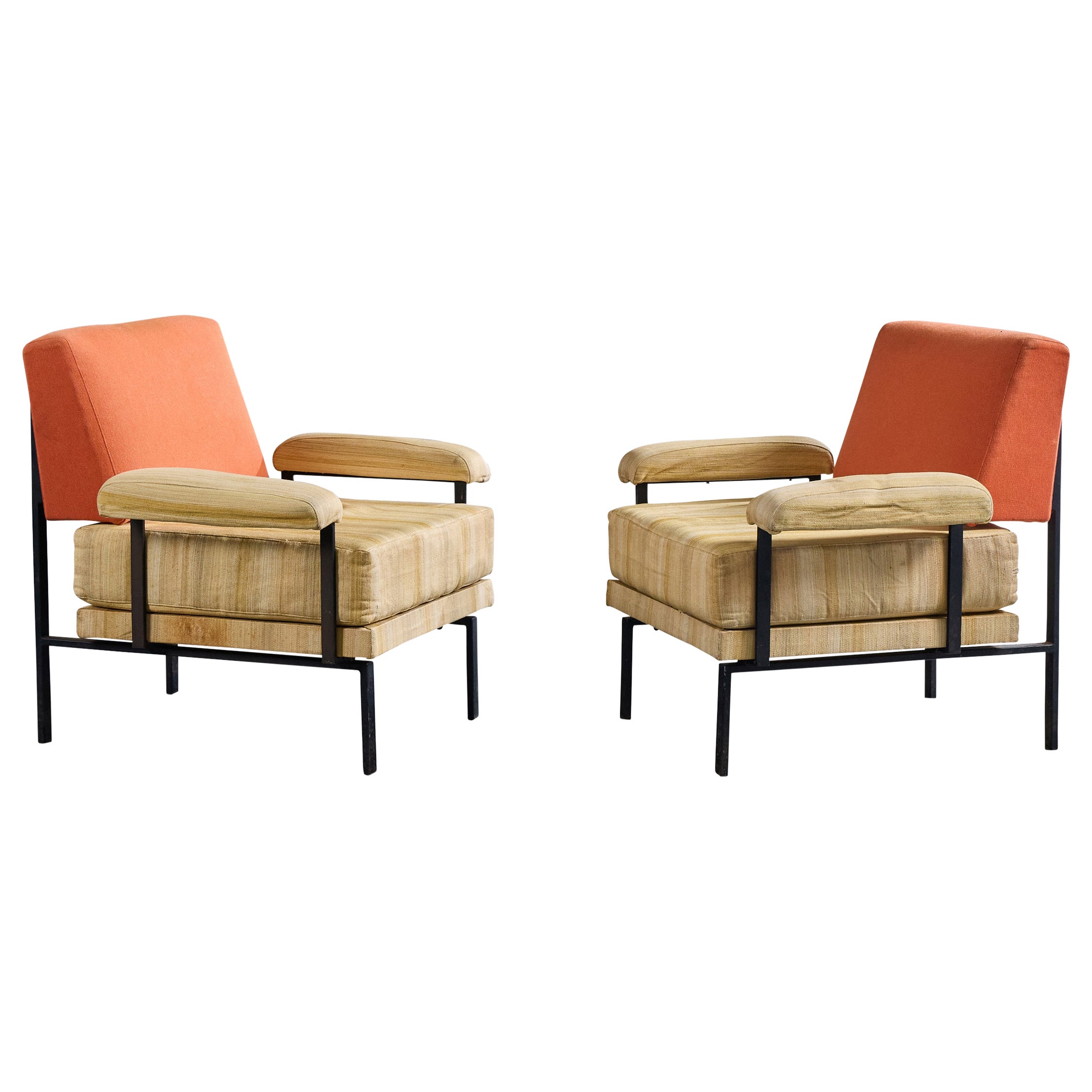 Italian Designer, Lounge Chairs, Metal, Fabric, Italy, 1960s