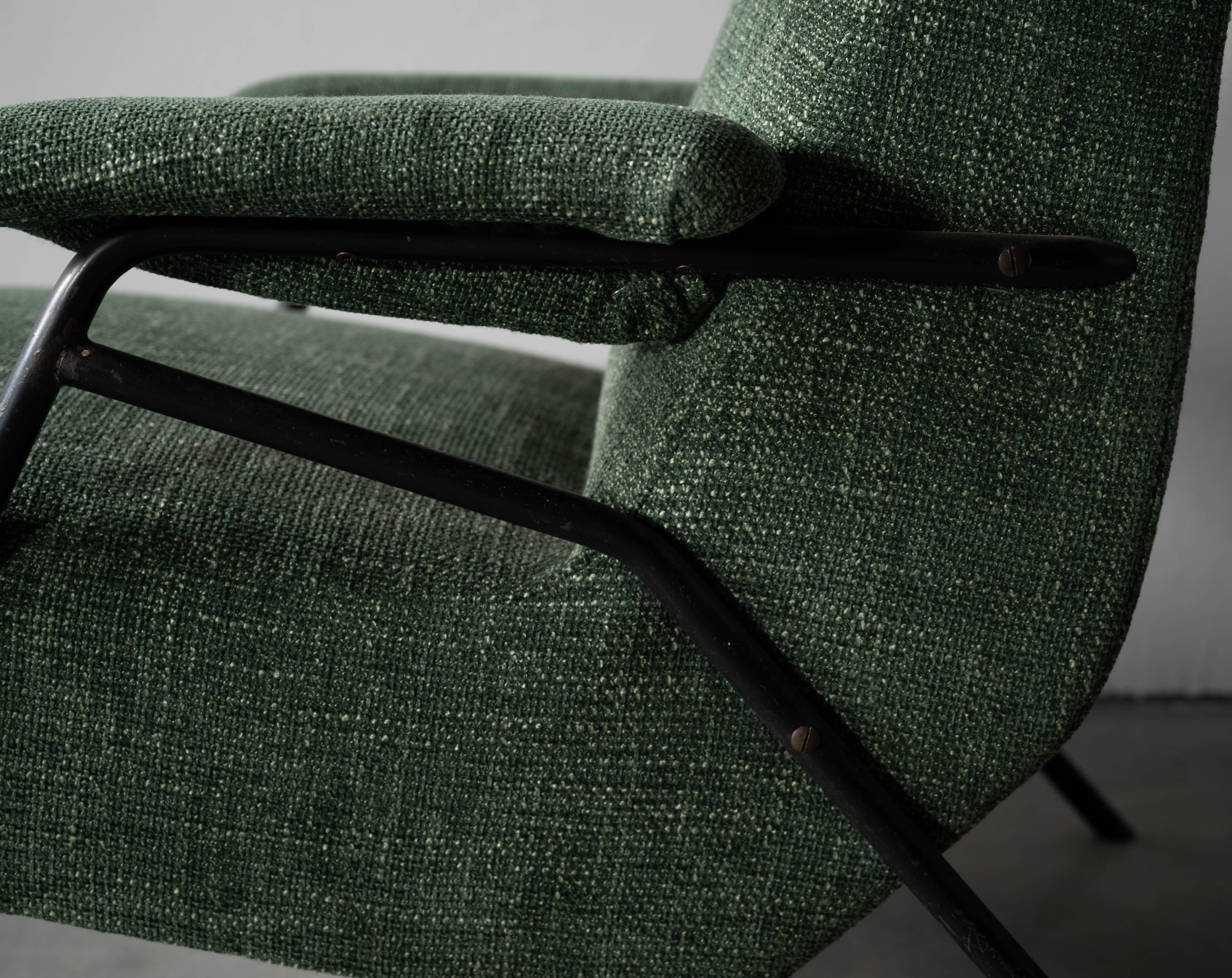 Italian Designer, Lounge Chairs, Metal, Green Fabric Italy, 1940s 6