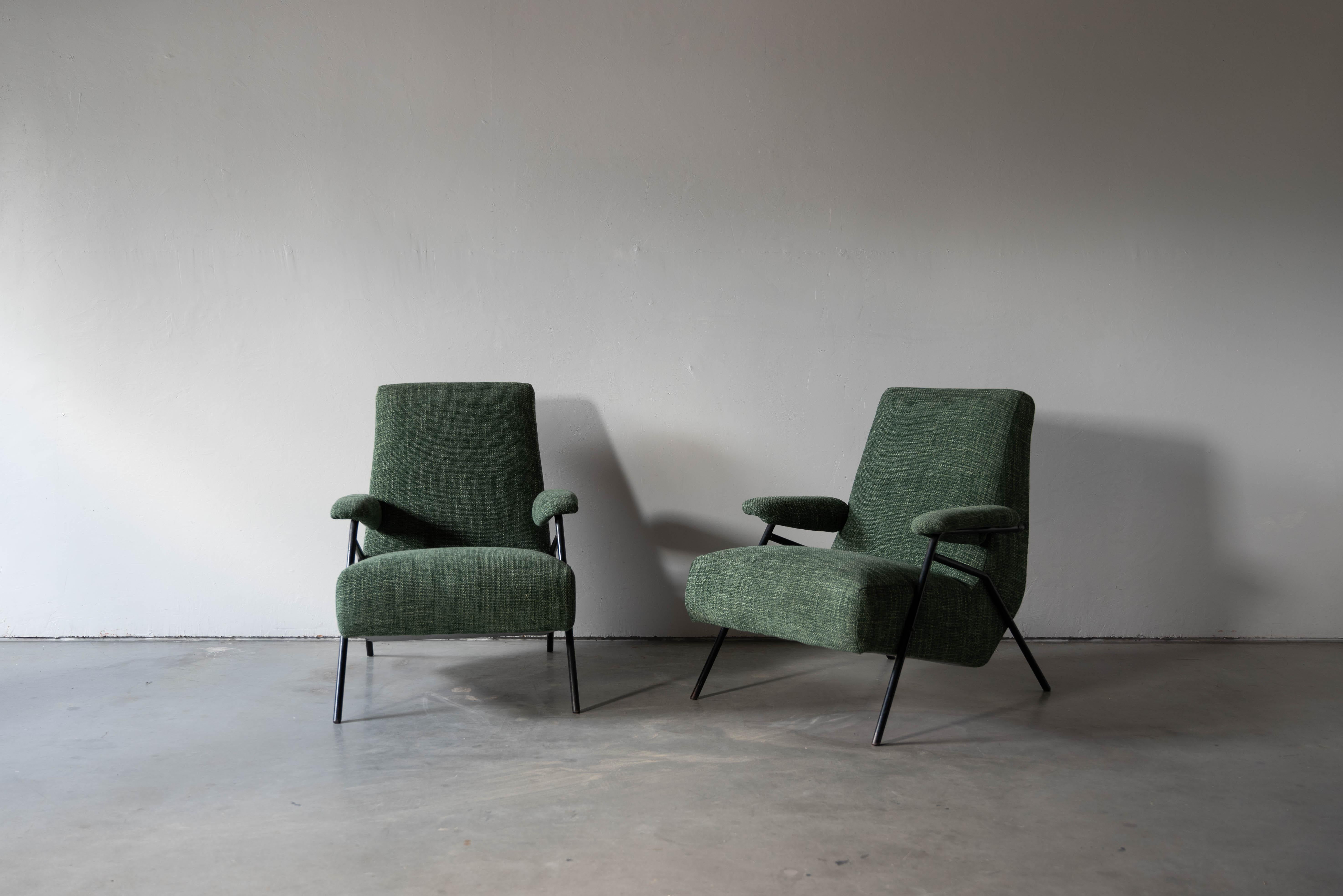 Organic Modern Italian Designer, Lounge Chairs, Metal, Green Fabric Italy, 1940s