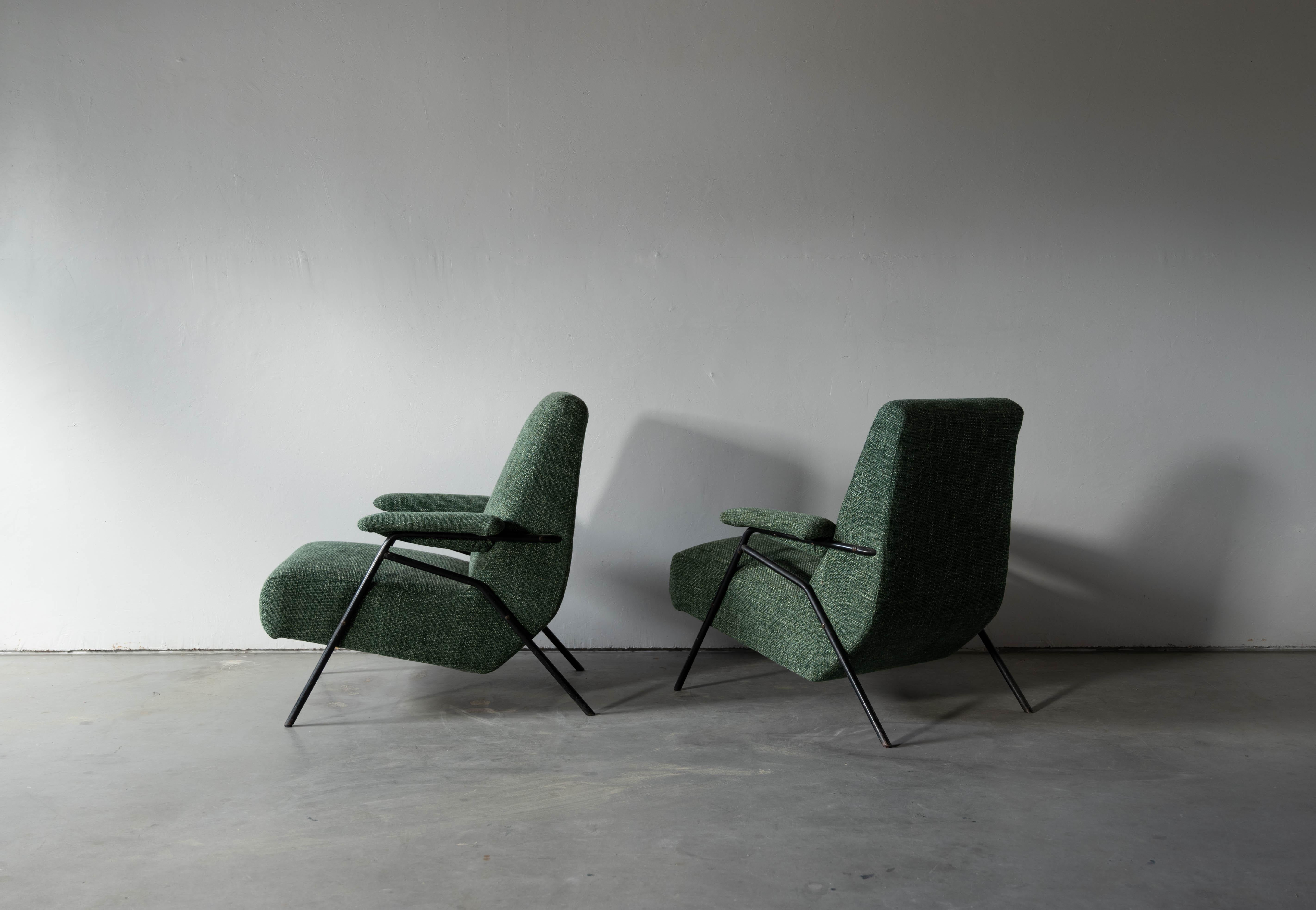 Italian Designer, Lounge Chairs, Metal, Green Fabric Italy, 1940s In Good Condition In High Point, NC
