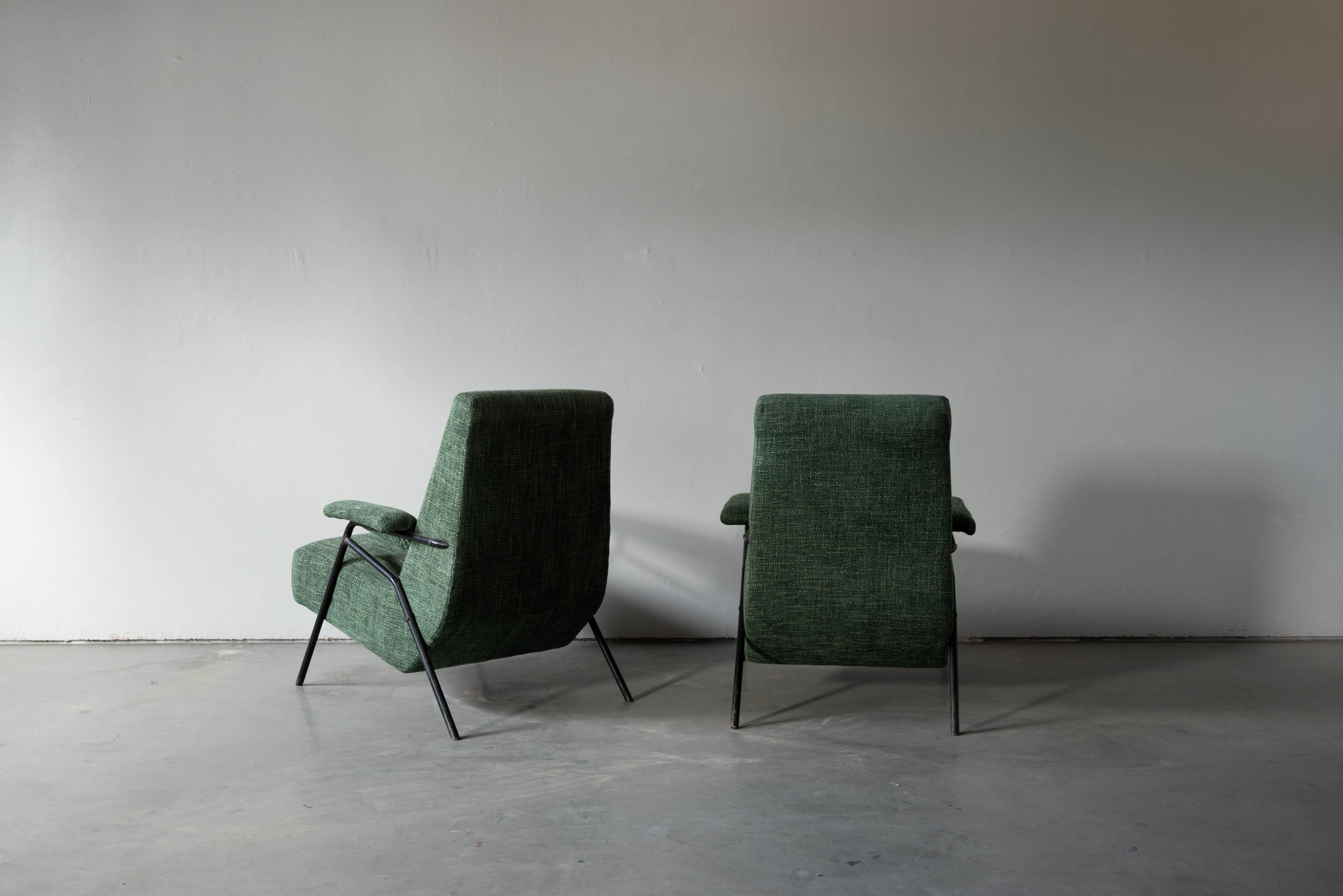 Mid-20th Century Italian Designer, Lounge Chairs, Metal, Green Fabric Italy, 1940s