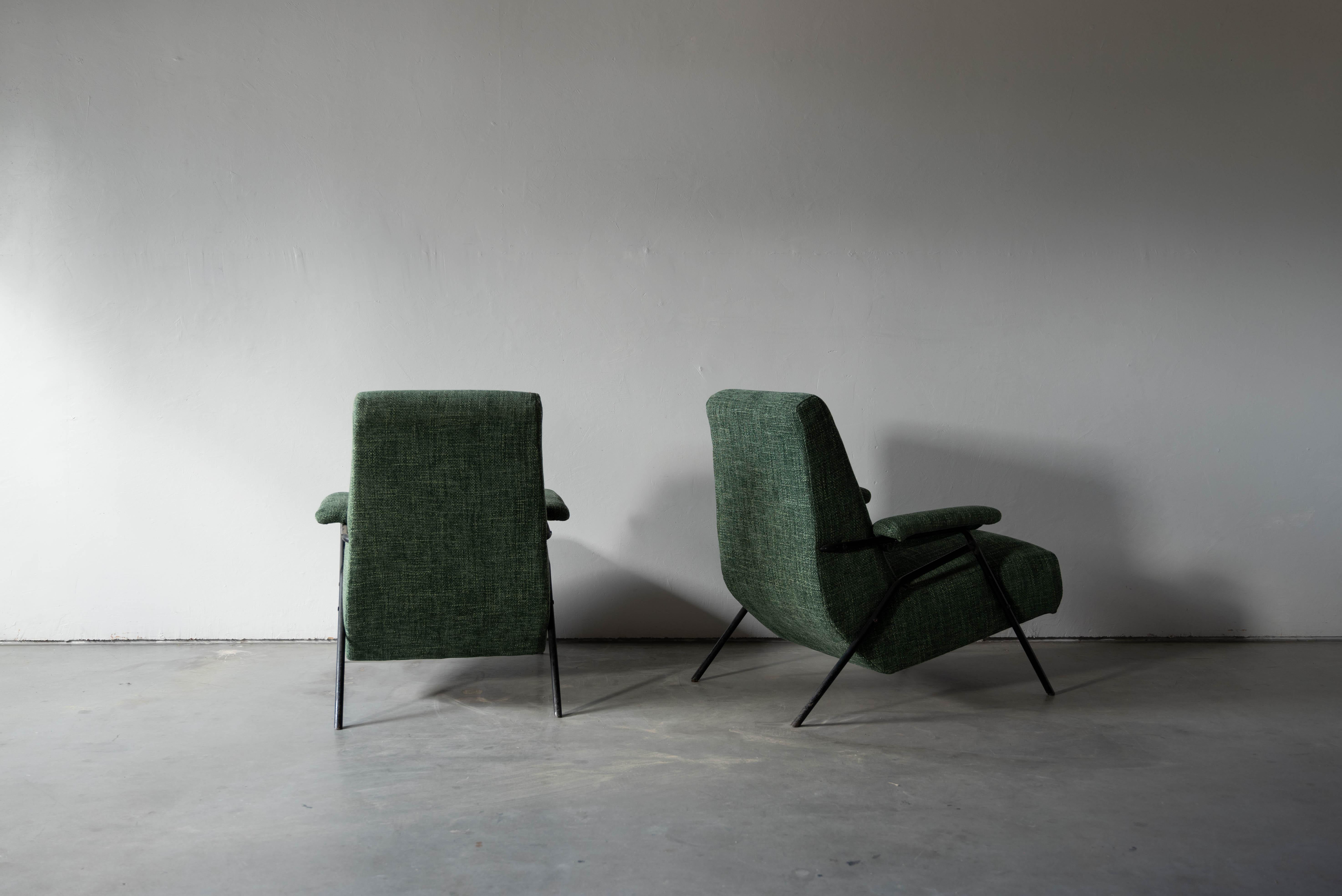 Italian Designer, Lounge Chairs, Metal, Green Fabric Italy, 1940s 1